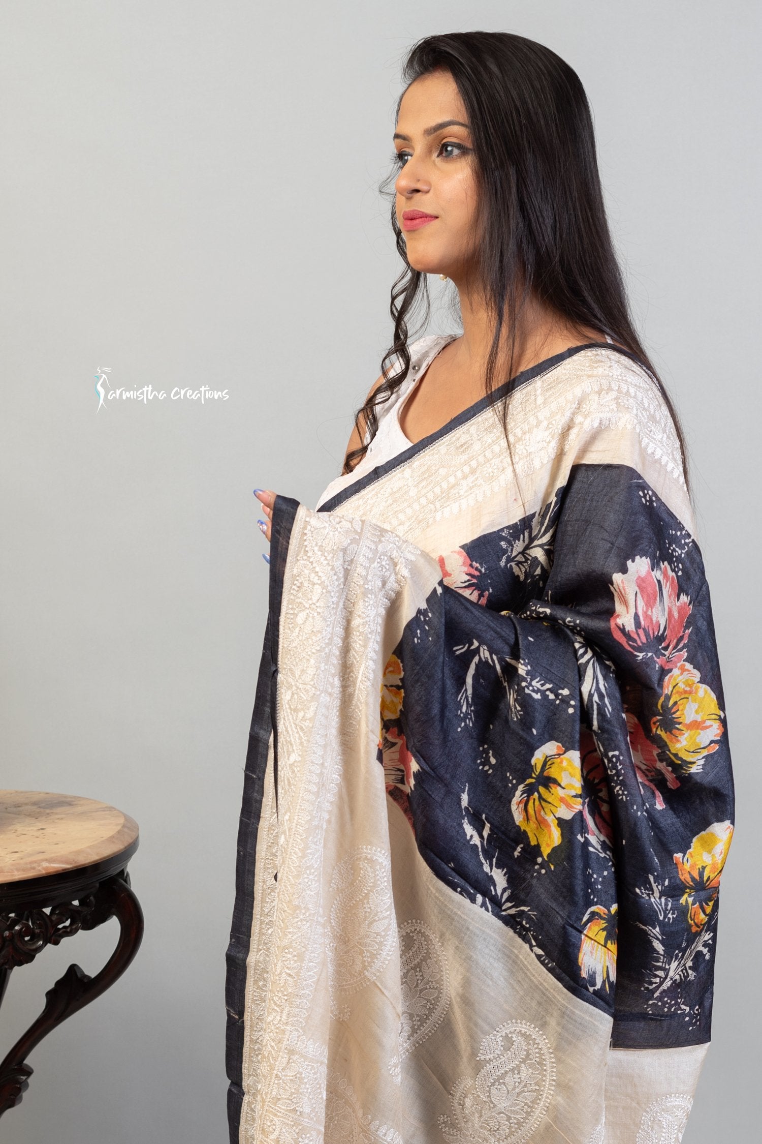 Floral Printed Tussar Saree with Chikankari Work Black ptch-002 image 1