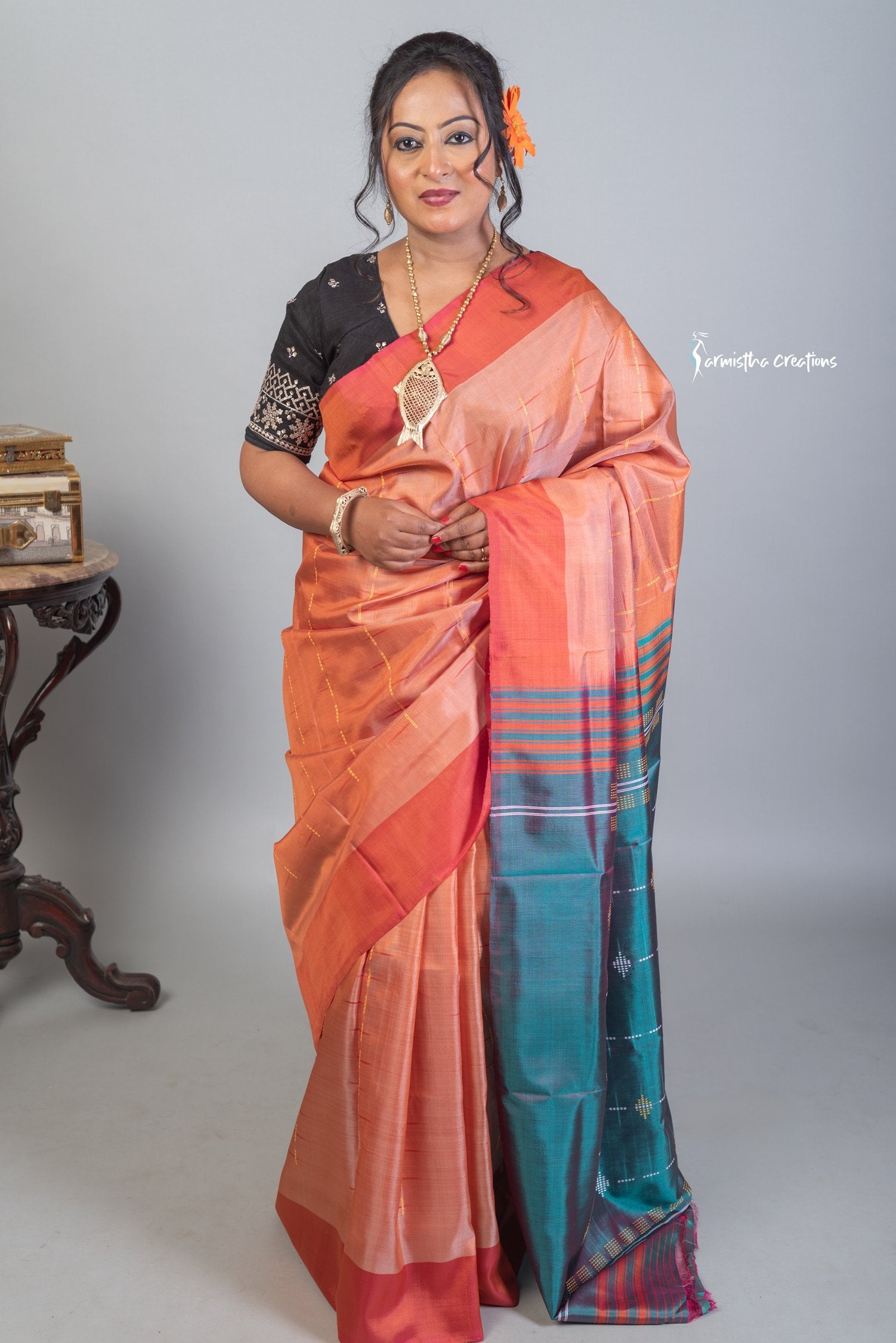 Bishnupuri Katan (Peach and midnight green) image 0