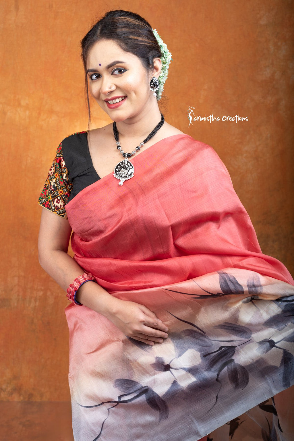 Blush Dusk &amp; Ink Petals – Hand-Painted Bishnupuri Silk Saree | bshp-002 image 2