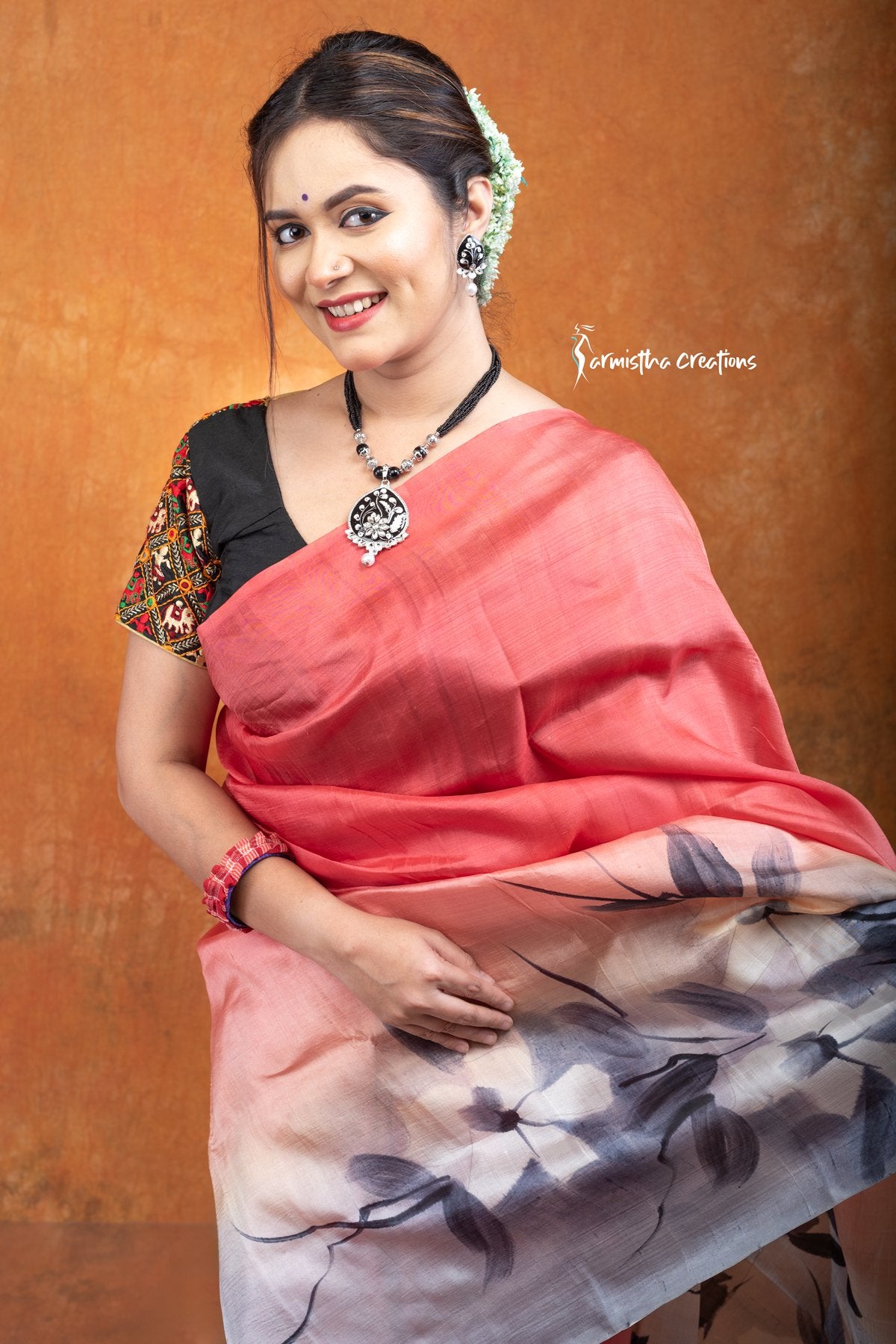 Blush Dusk &amp; Ink Petals – Hand-Painted Bishnupuri Silk Saree | bshp-002 image 2