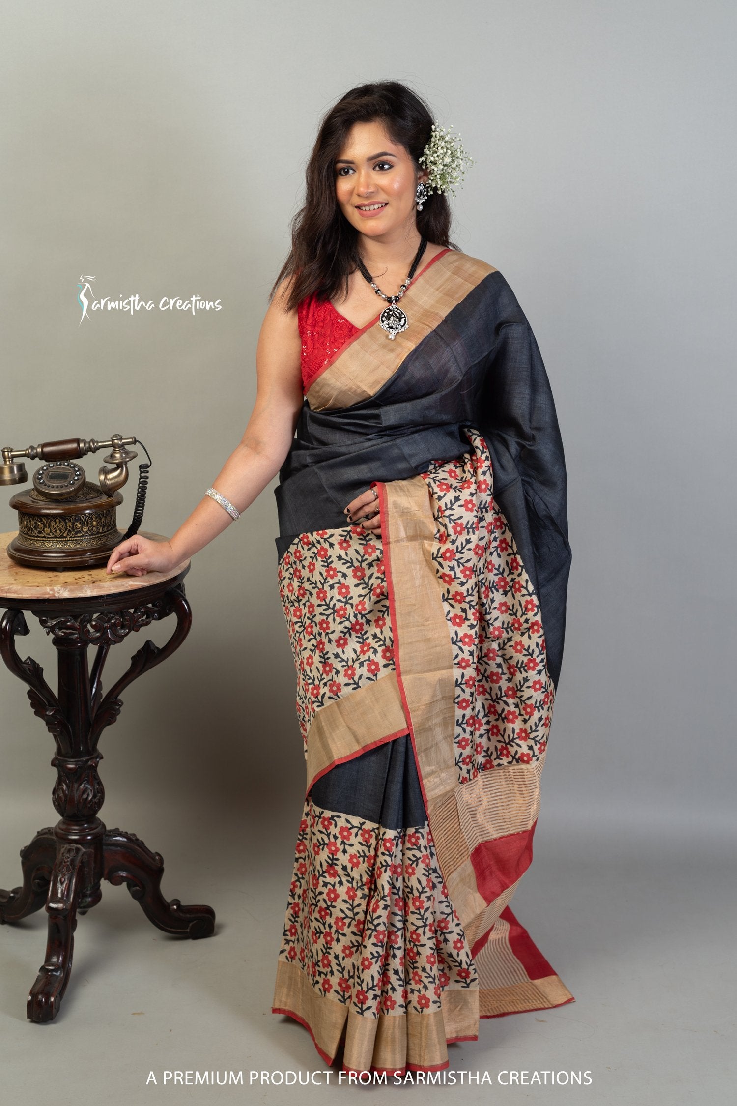Zari Border Pure Desi Tussar Silk Saree With Hand-Block Printing dtzbhbp-018 image 0