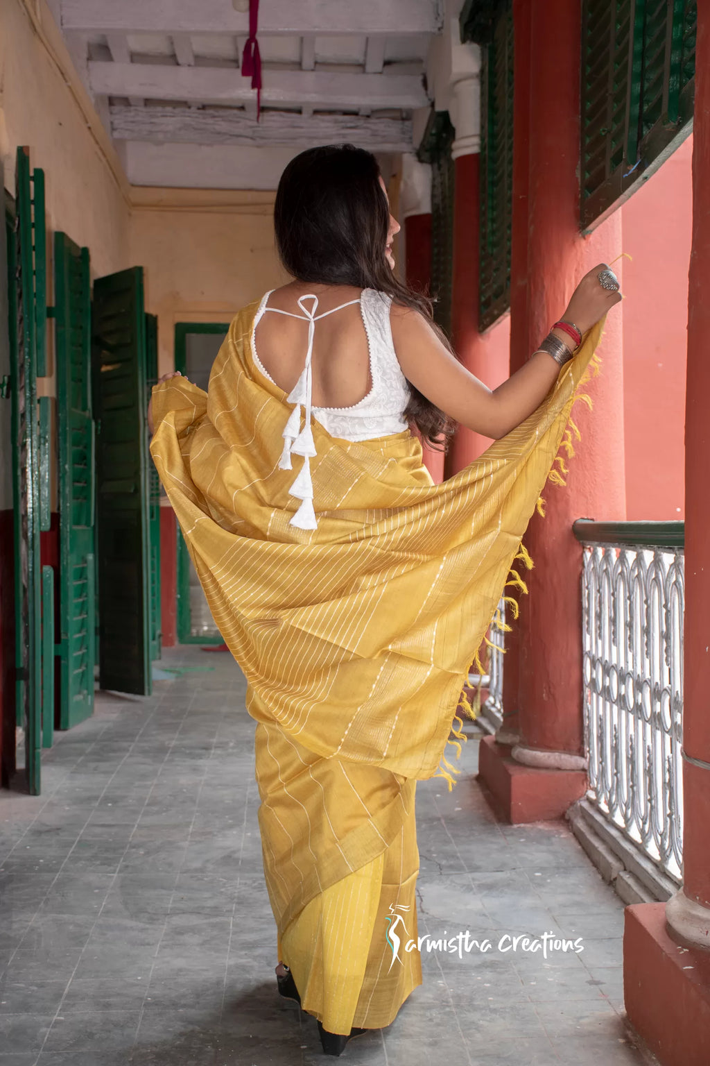 Pure Desi Tussar Silk Saree With Sequin Work (Mustard Yellow) image 3