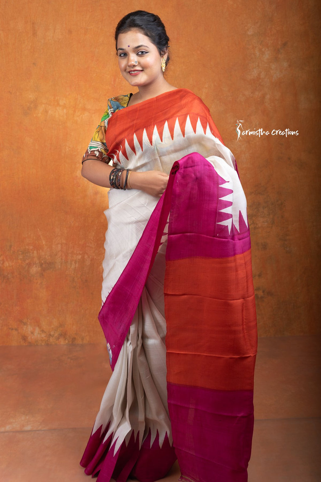 Murshidabad Silk Saree with Hand Block Printing Orange and Pink hbpms-010 image 2