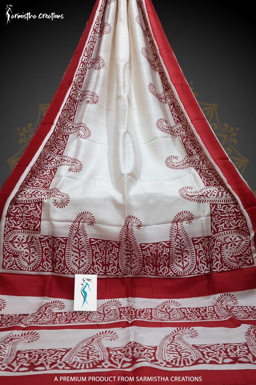 Murshidabad Silk Saree with Hand Block Printing Red and White hbpms-005 image 0