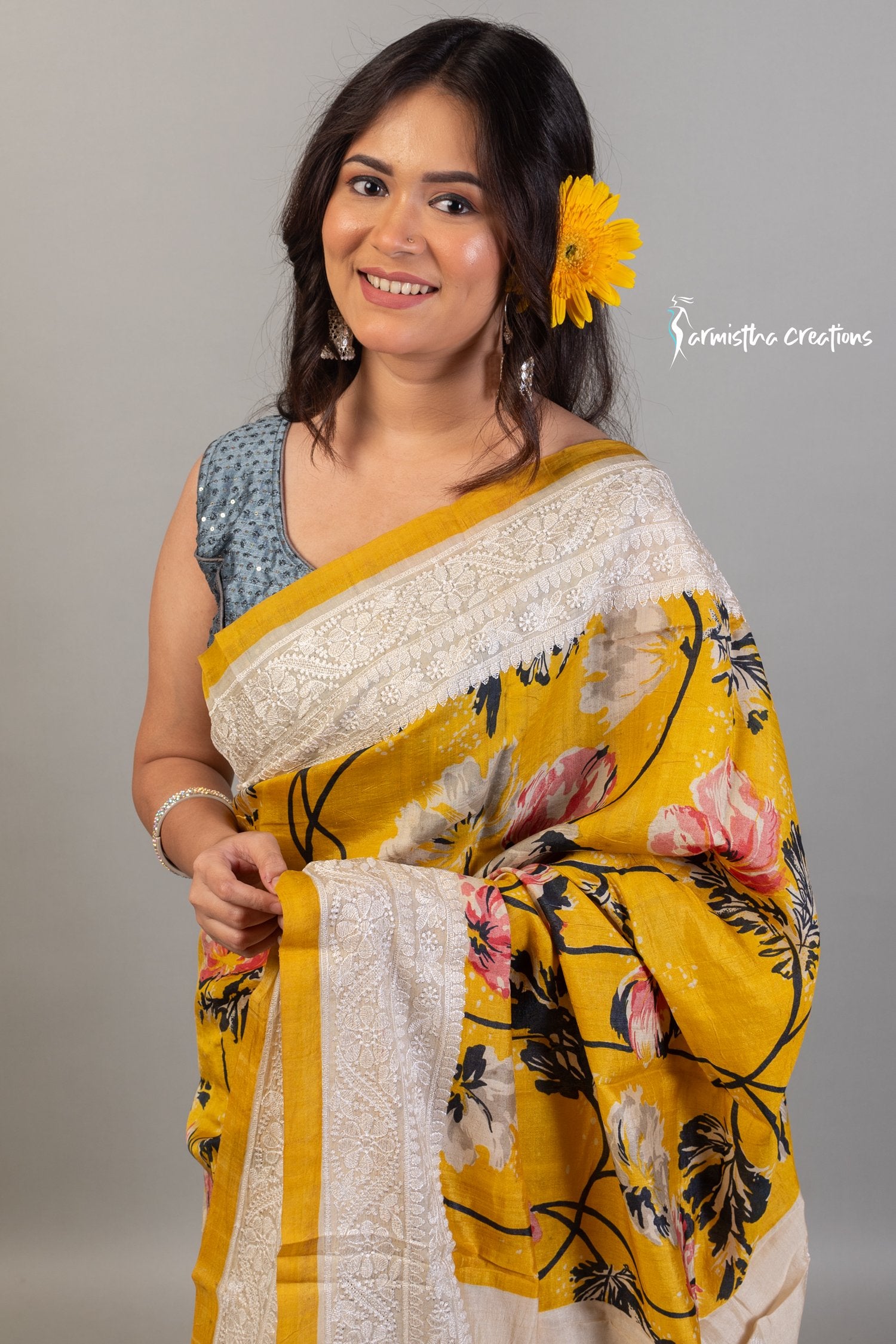 Floral Printed Tussar Saree with Chikankari Work Amber Yellow ptch-001 image 0
