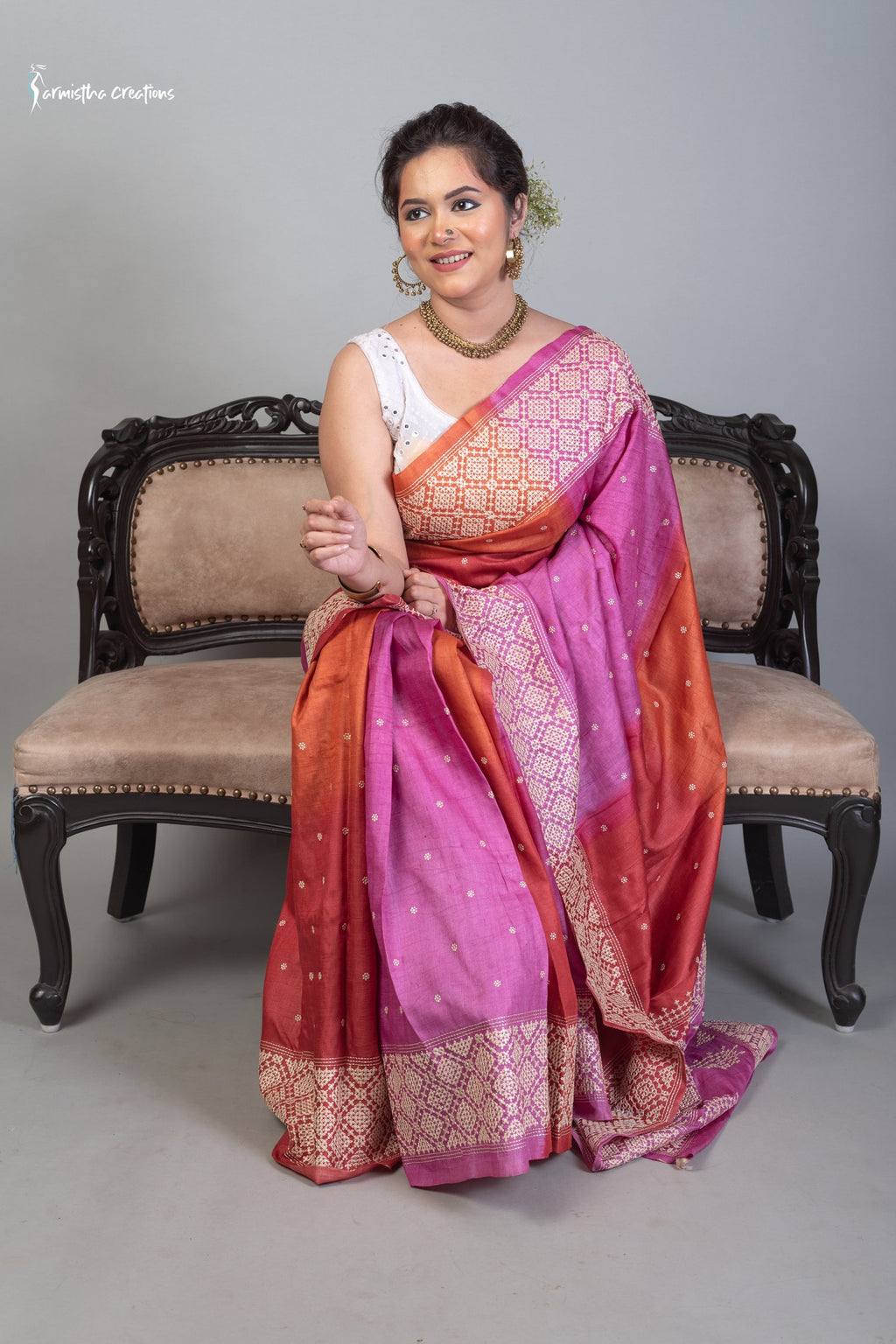 Tussar Kutchwork Saree in Orange and Pink ptkw-001 image 3