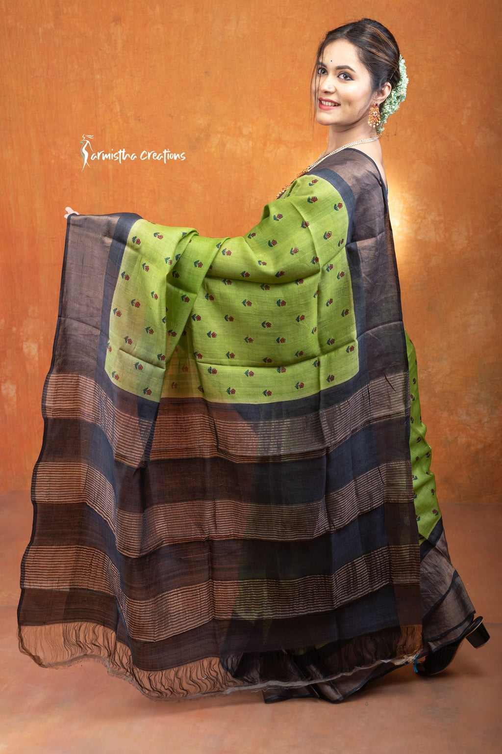 Zari Border Pure Tussar Silk Saree With Hand-Block Printing dtzbhbp-029 image 2