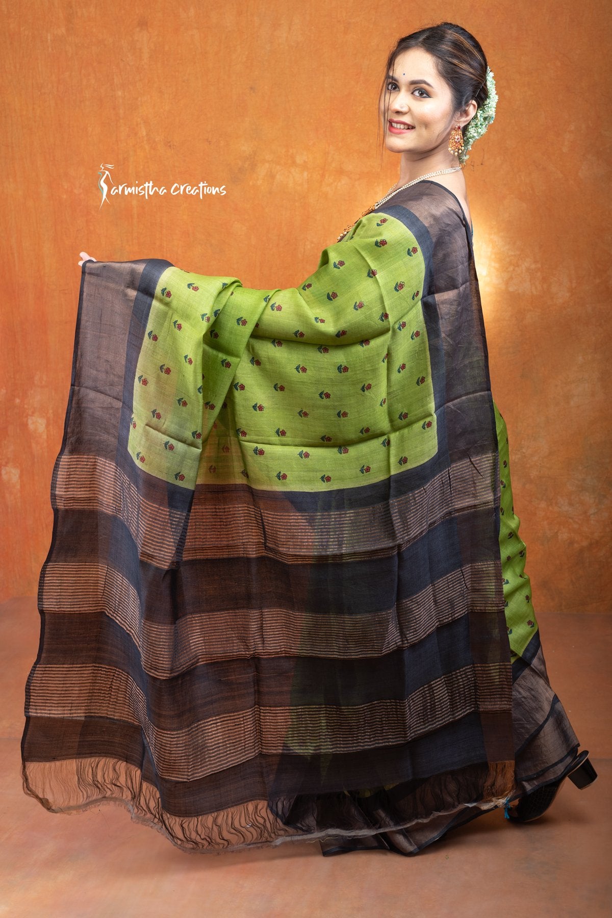 Zari Border Pure Tussar Silk Saree With Hand-Block Printing dtzbhbp-029 image 2