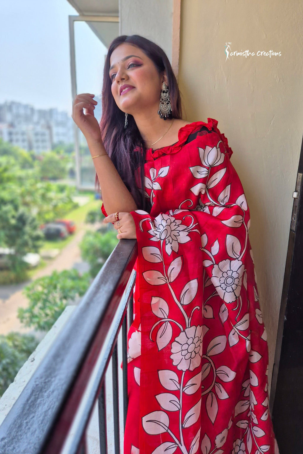Kiss of Red – Pure Bishnupuri Silk Saree with Hand Kalamkari | bshk-001 image 0