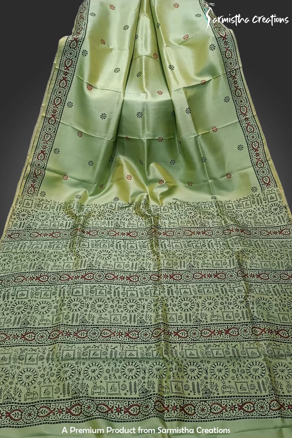 Hand-Block Printed Pure Bishnupuri Katan Silk Saree image 0