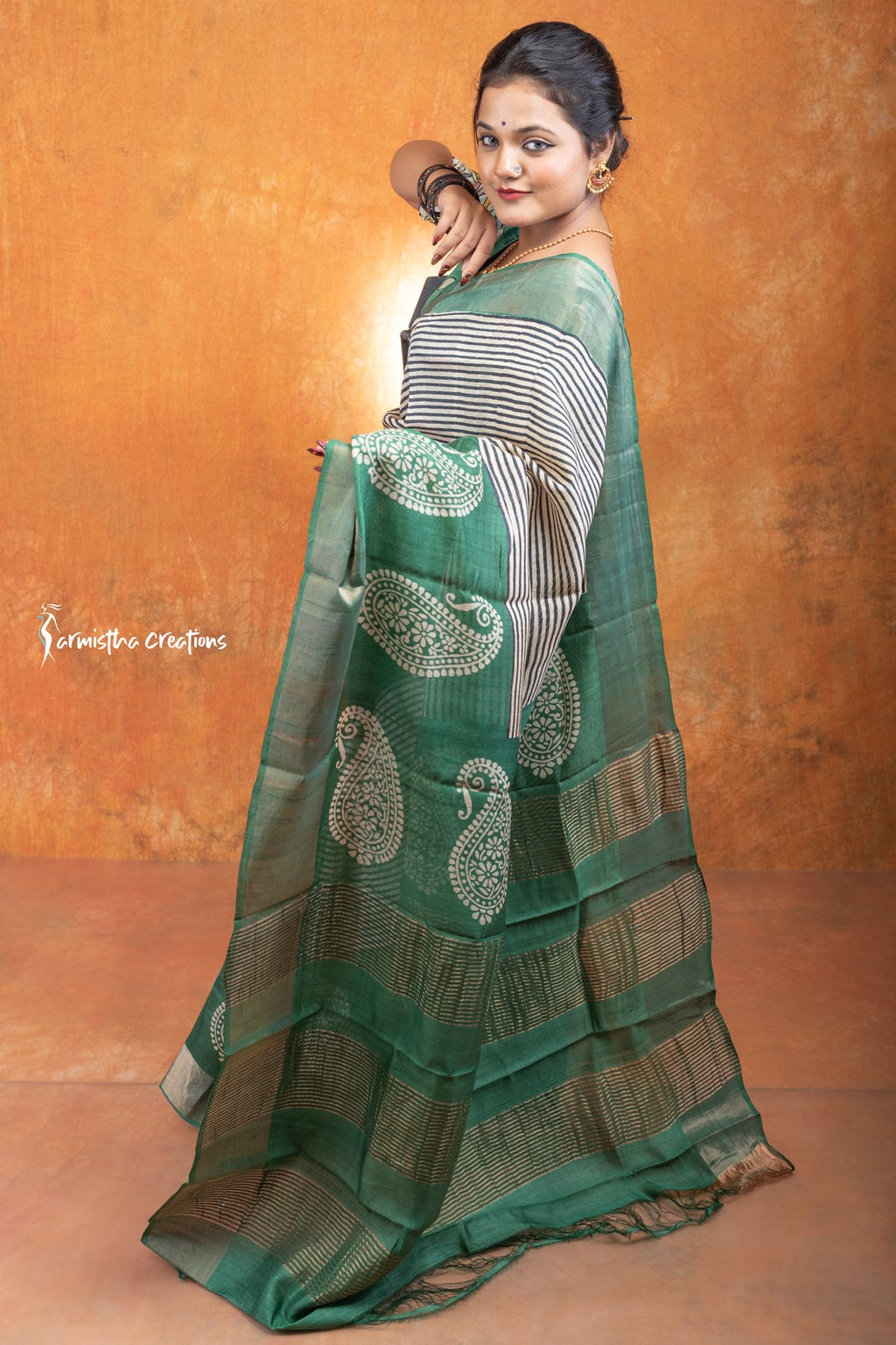 Zari Border Pure Desi Tassar Silk Saree With Hand-Block Printing dtzbhbp-043 image 2