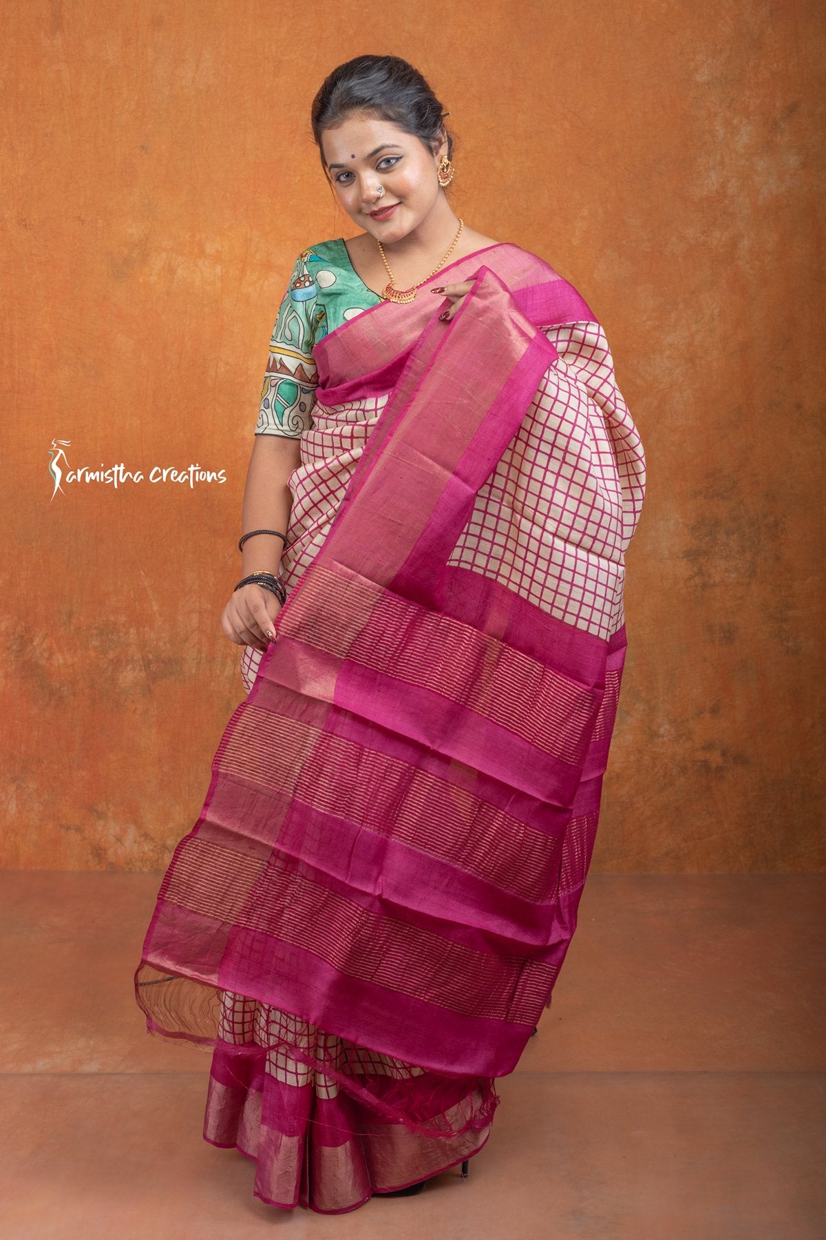 Zari Border Pure Tussar Silk Saree With Hand-Block Printing dtzbhbp-057 image 3