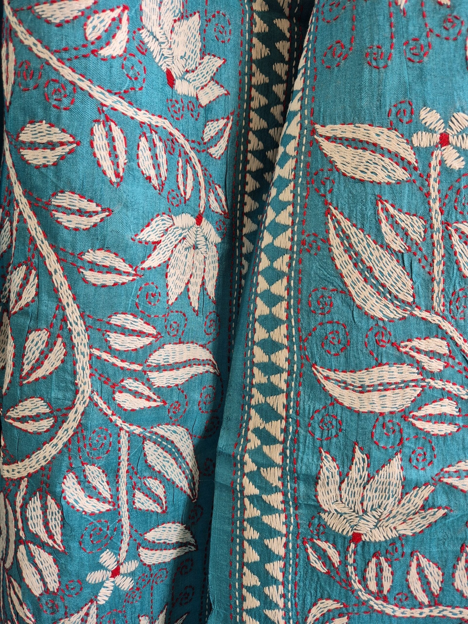 Teal Blue Kantha Stitch Saree on Pure Tussar image 1
