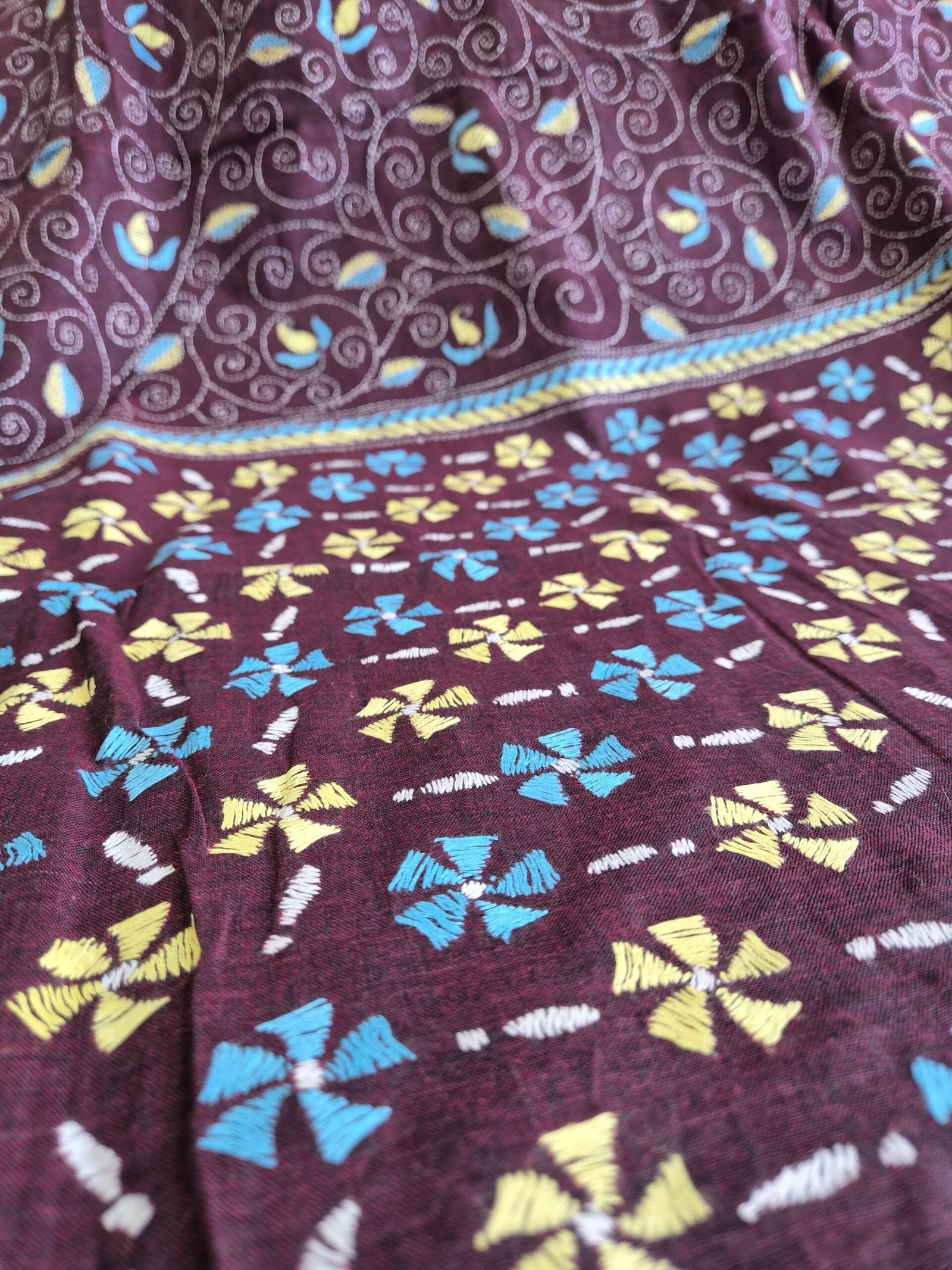 Kantha Stitch on Wine Dhonekhali Cotton Saree image 4