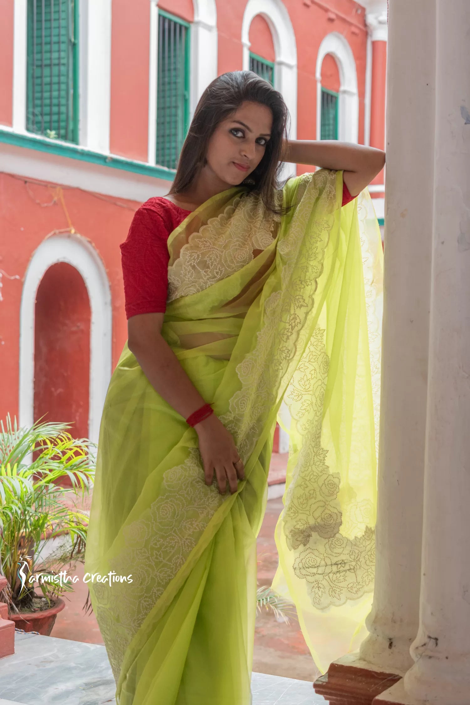 Organza Silk Saree with Embroidery work (Fluorescent Green) image 2