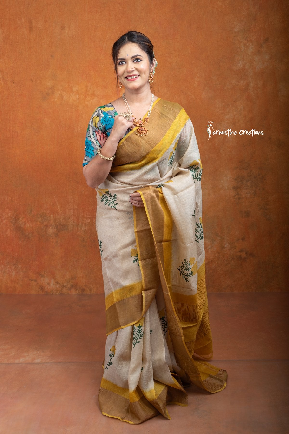 Zari Border Pure Tussar Silk Saree With Hand-Block Printing dtzbhbp-122 image 3