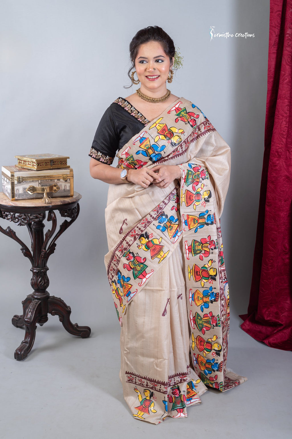 Rangini - Hand-painted patachitra fusing madhubani style on Raghunathpur Tussar image 1