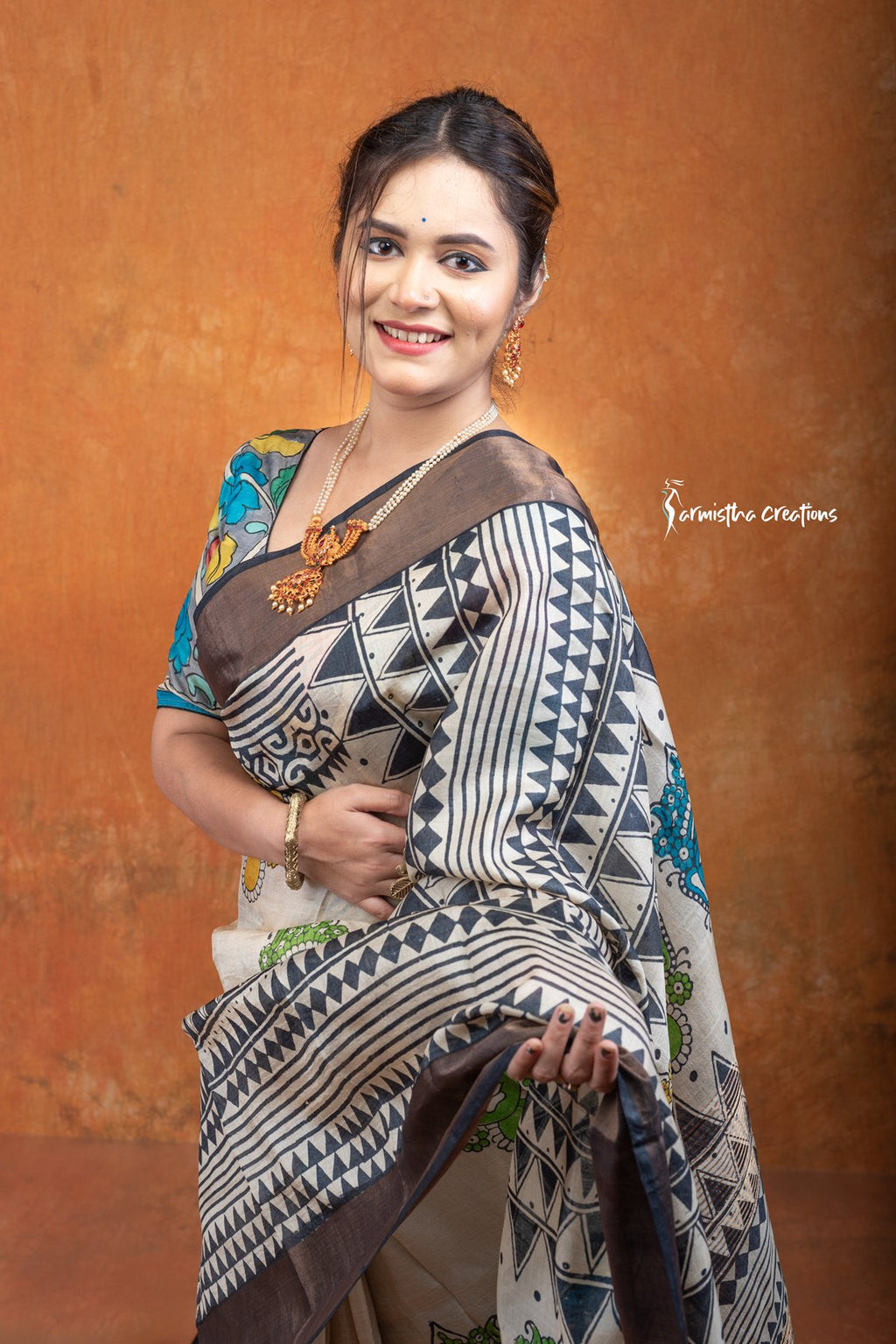 Zari Border Pure Tussar Silk Saree With Hand-Block Printing | dtzbhbp-037 image 0