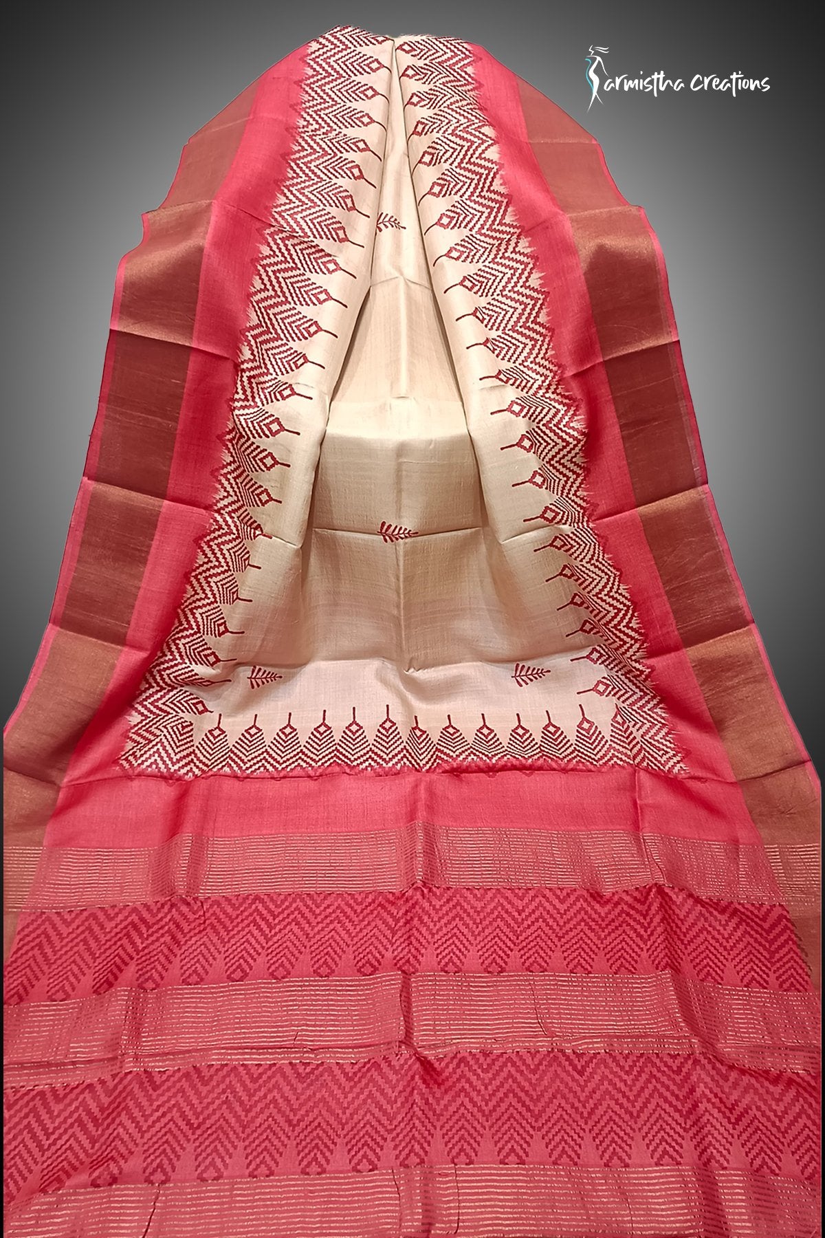Zari Border Pure Desi Tussar Silk Saree With Hand-Block Printing dtzbhbp-111 image 0