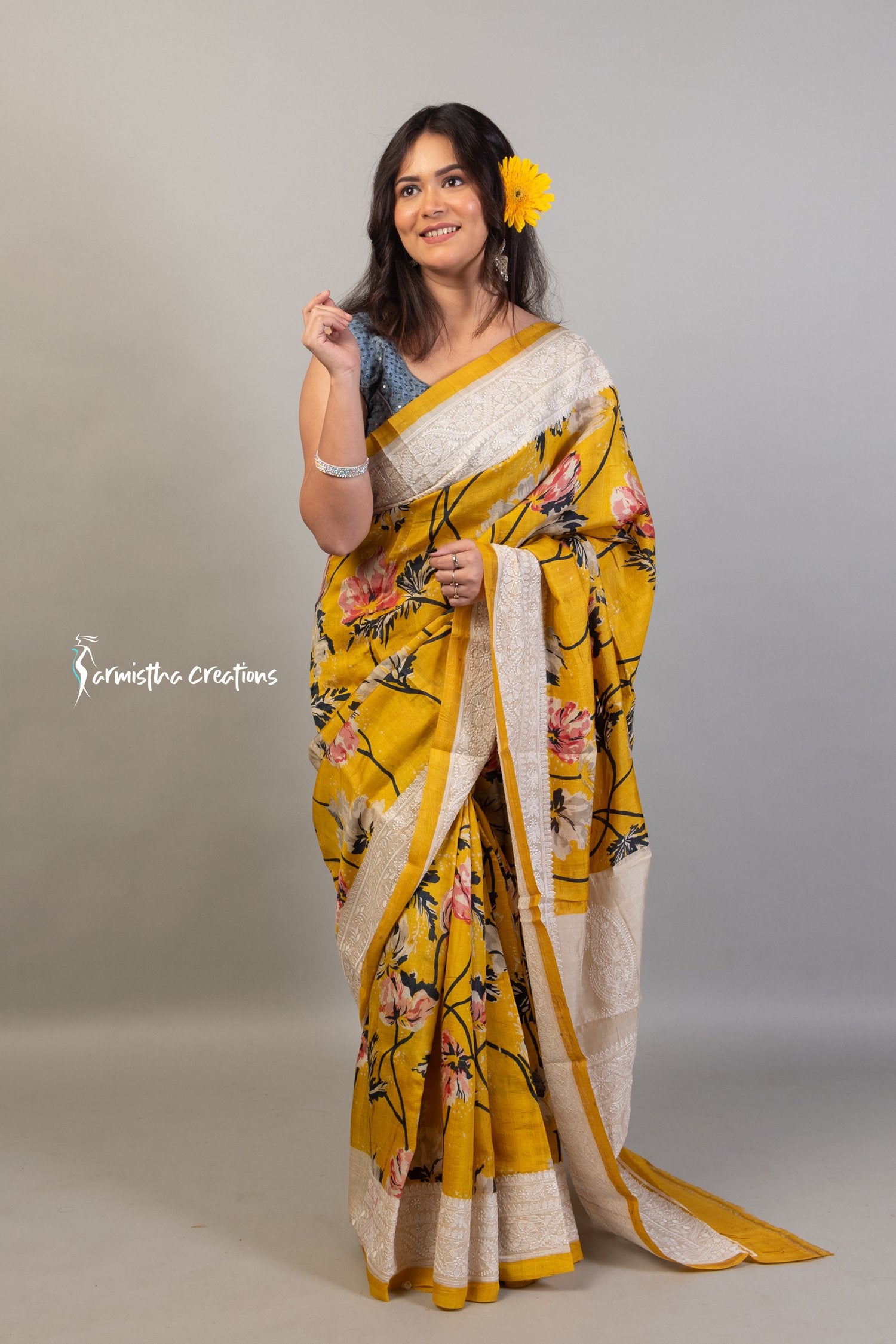 Floral Printed Tussar Saree with Chikankari Work Amber Yellow ptch-001 image 2