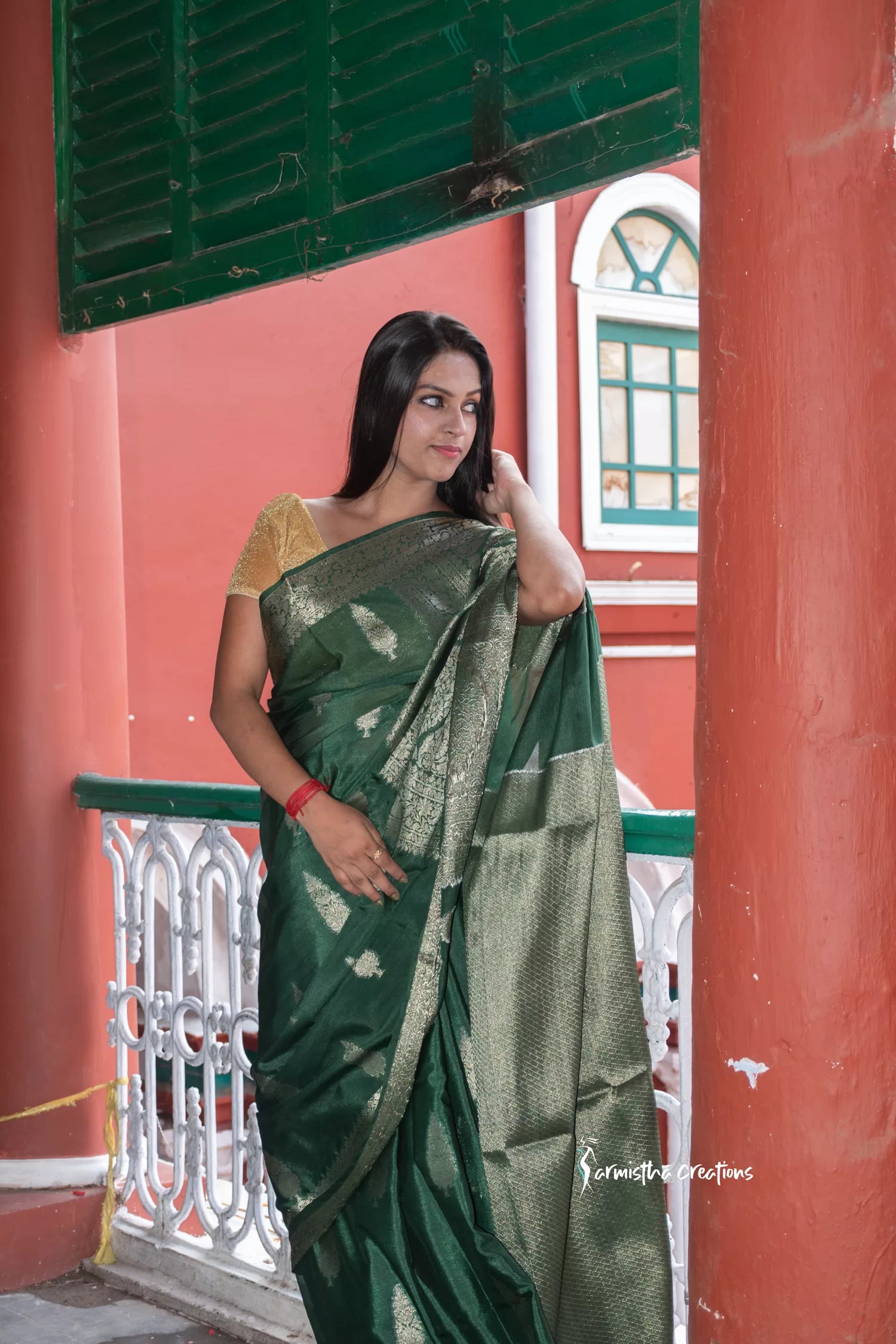 Georgette Silk Saree with Benarasi Work (Bottle Green) image 2