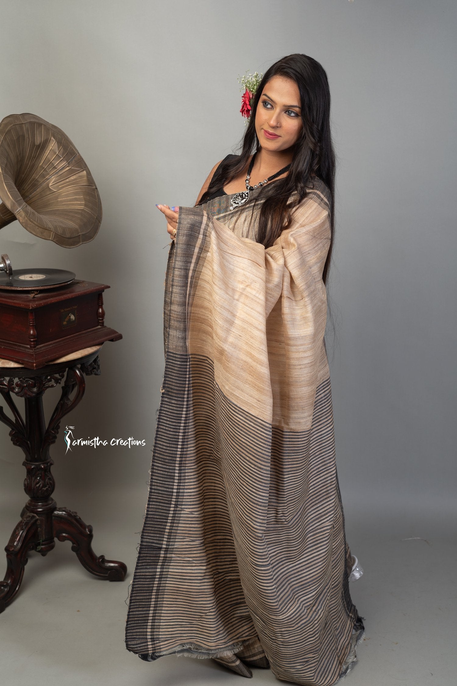 Ghicha Tussar Saree with Black Weaved Border image 1