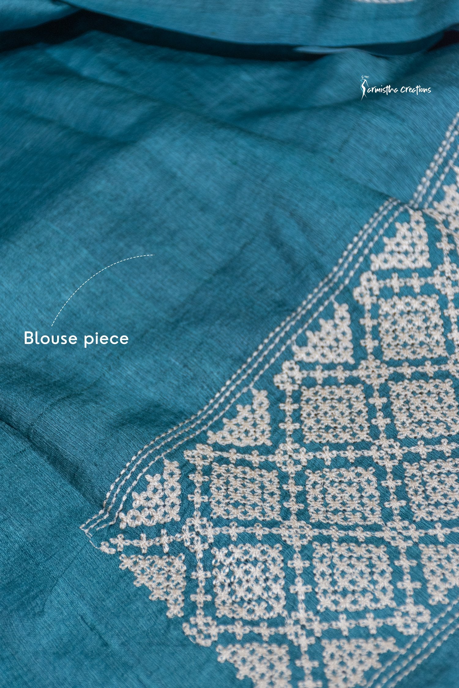 Teal Blue Tussar Kutchwork Saree ptkw-004 image 2