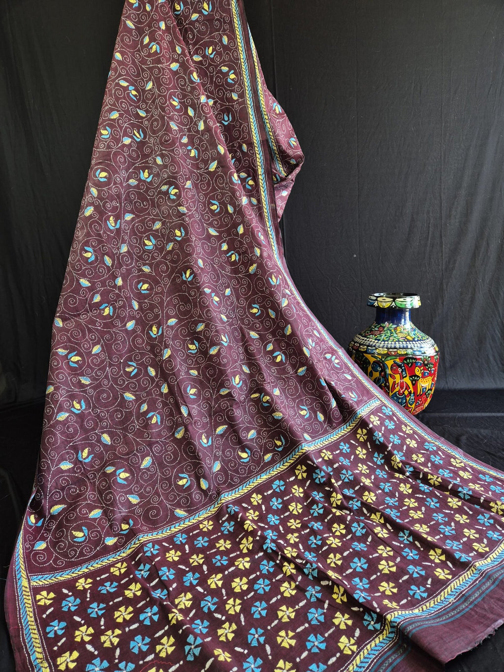 Kantha Stitch on Wine Dhonekhali Cotton Saree image 1