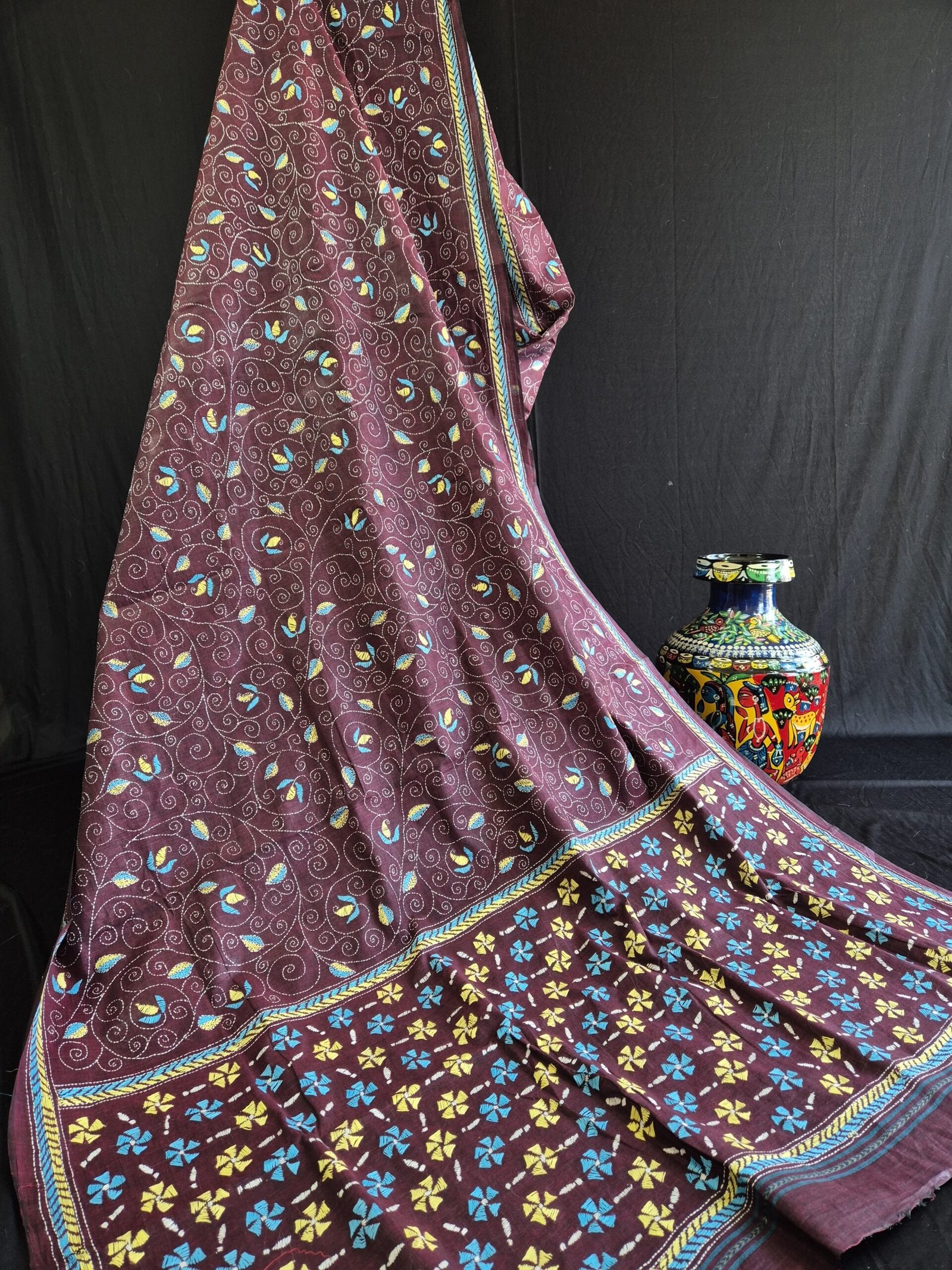 Kantha Stitch on Wine Dhonekhali Cotton Saree image 1