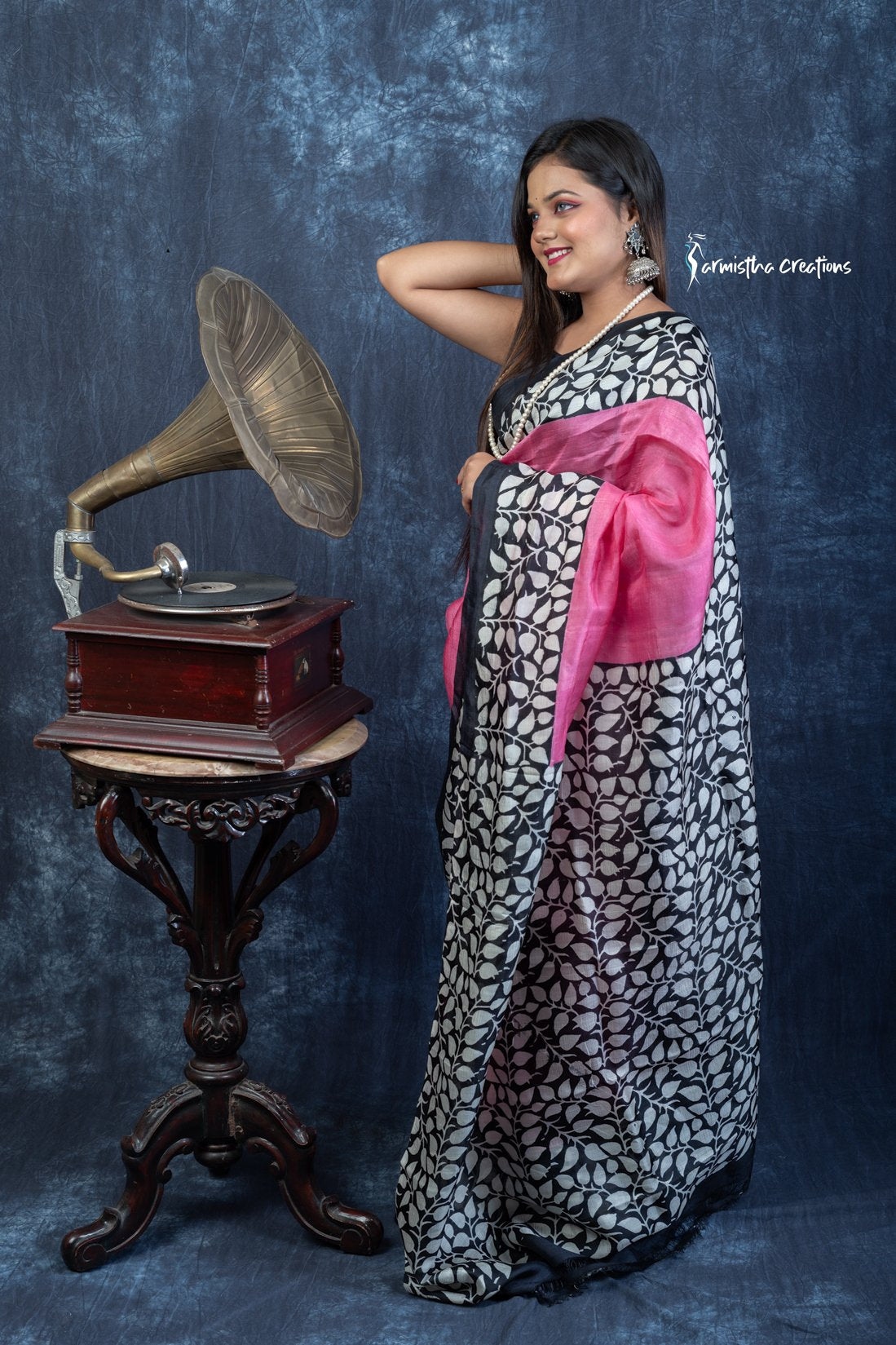 Midnight Blossom – Hand Block Printed Murshidabad Silk Saree | hbpms-030 image 4