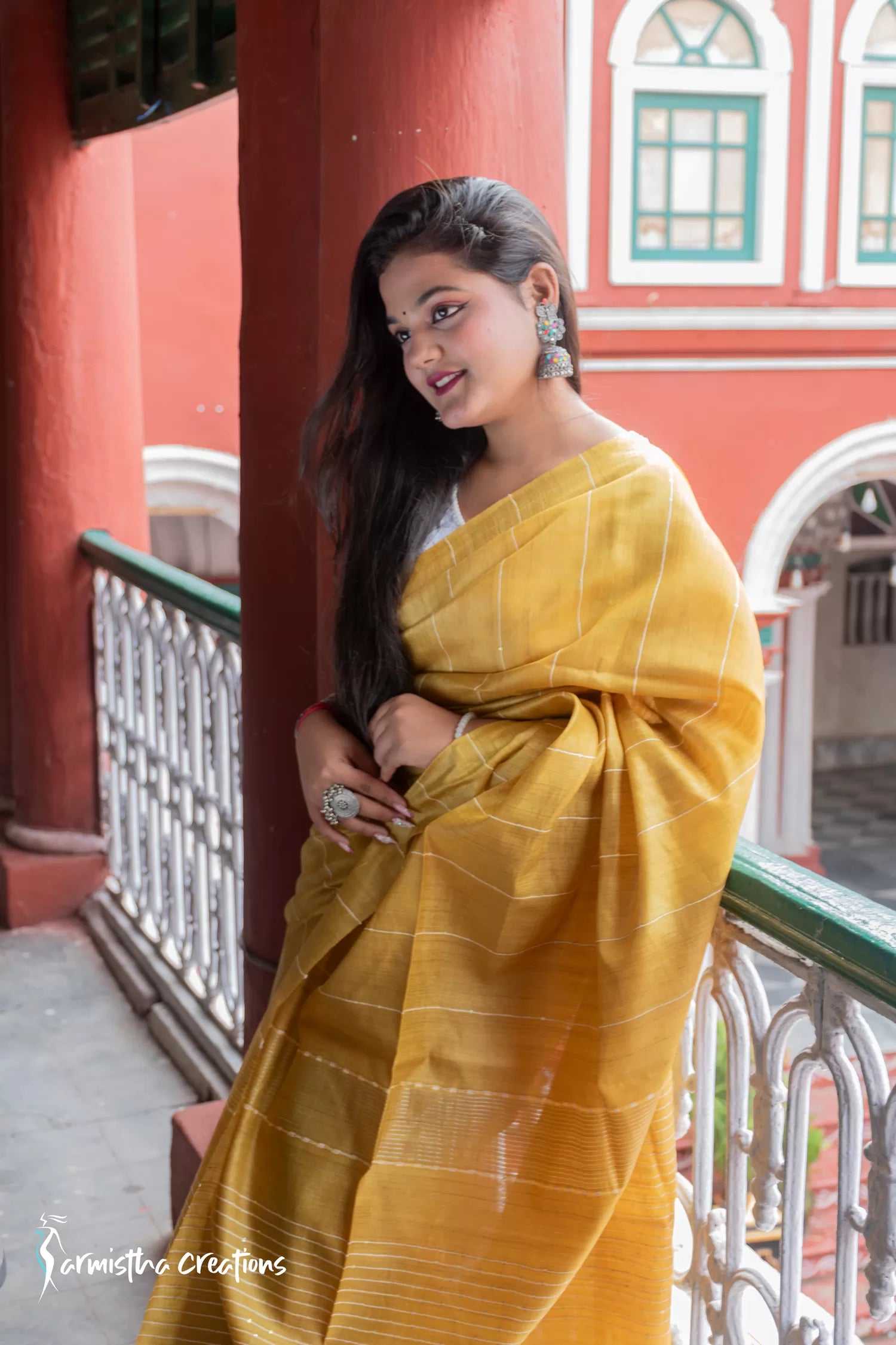 Pure Desi Tussar Silk Saree With Sequin Work (Mustard Yellow) image 0