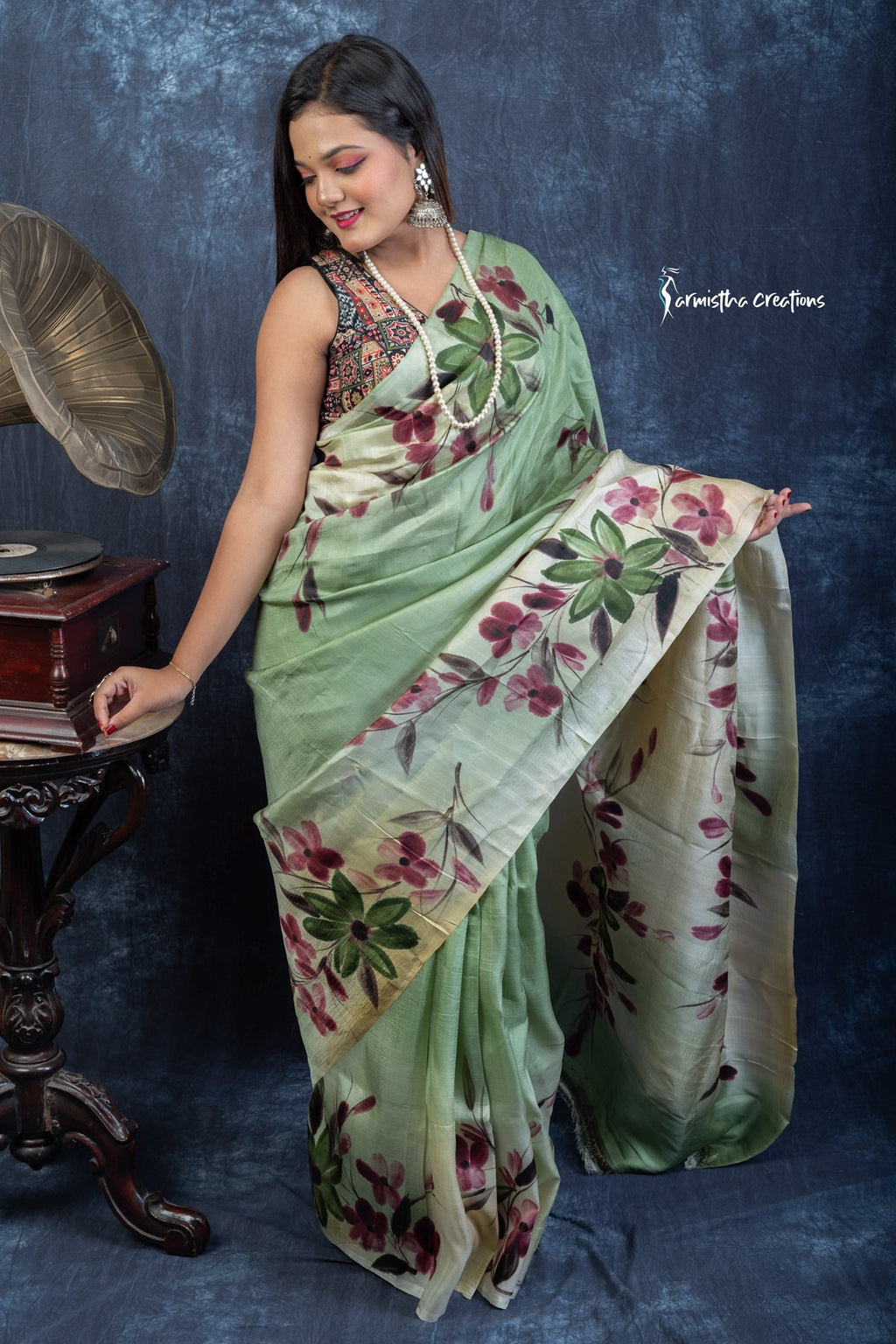 Verdant Whisper – Hand-Painted Bishnupuri Silk Saree | bshp-009 image 3