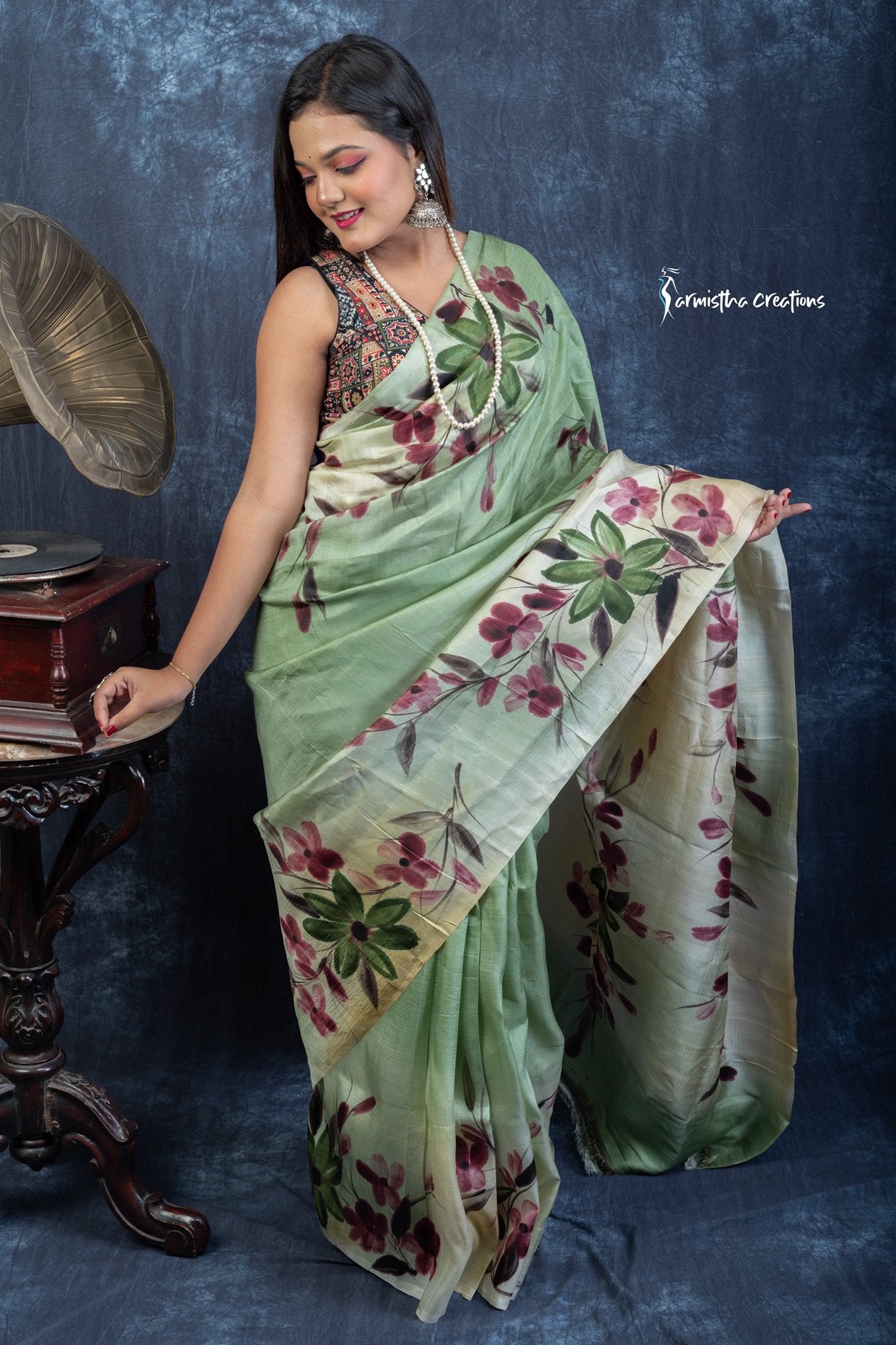 Verdant Whisper – Hand-Painted Bishnupuri Silk Saree | bshp-009 image 3