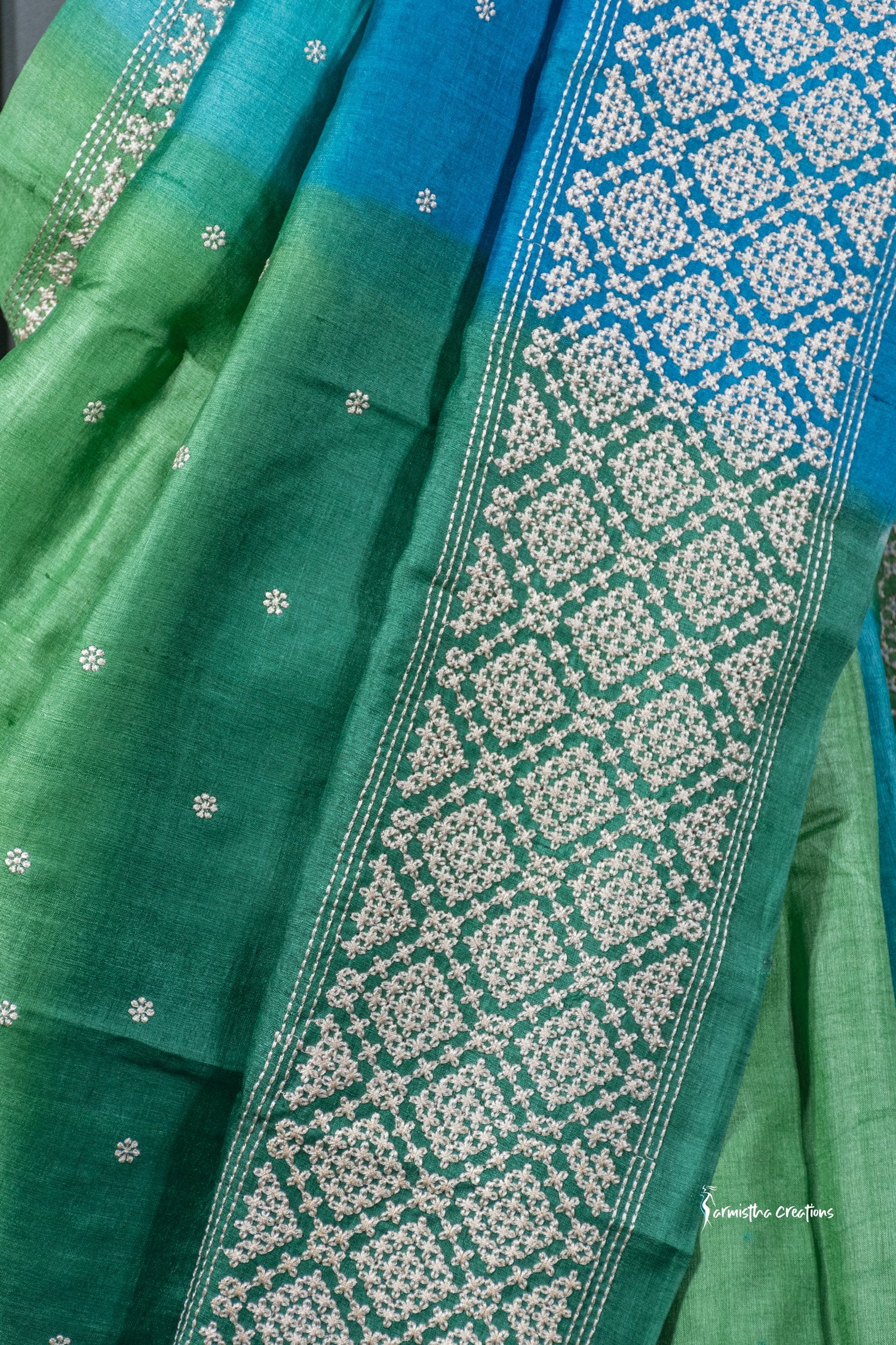 Teal and Green Tussar Kutchwork Saree ptkw-005 image 3