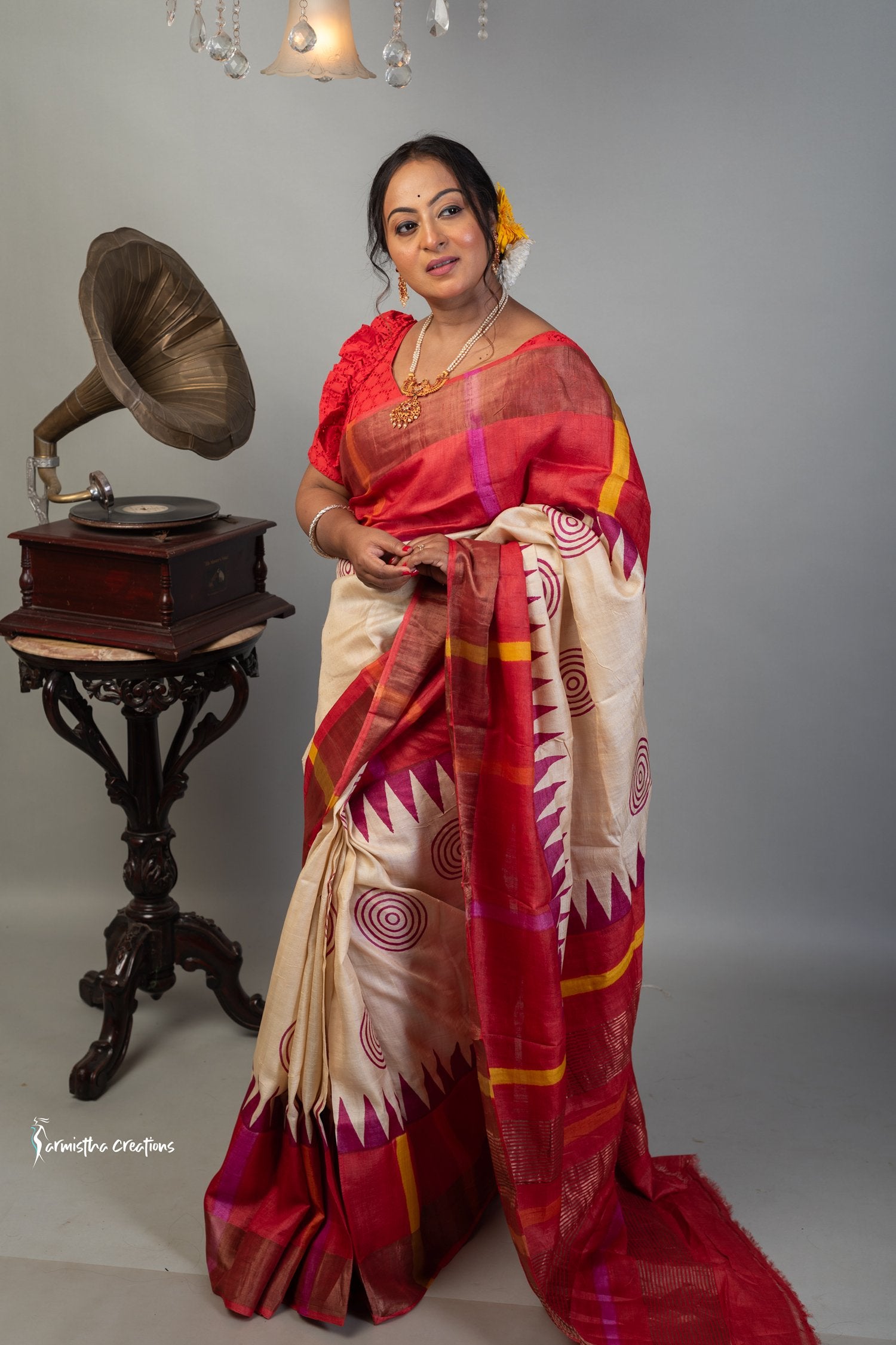 Zari Border Pure Desi Tassar Silk Saree With Hand-Block Printing dtzbhbp-044 image 1