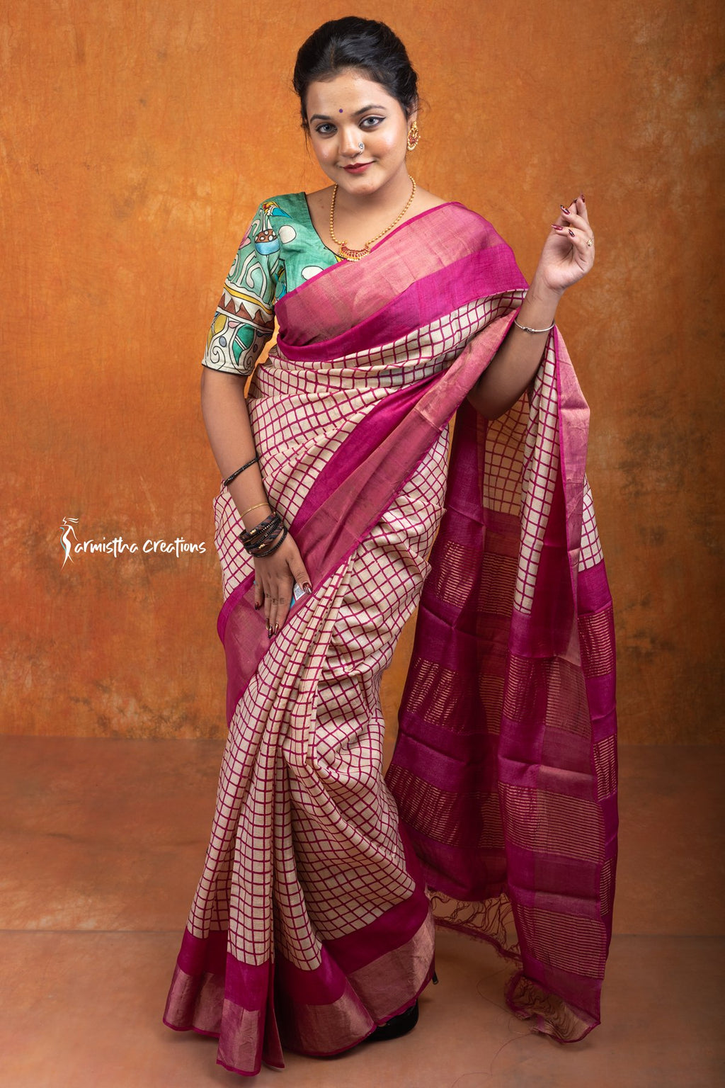 Zari Border Pure Tussar Silk Saree With Hand-Block Printing dtzbhbp-057 image 0