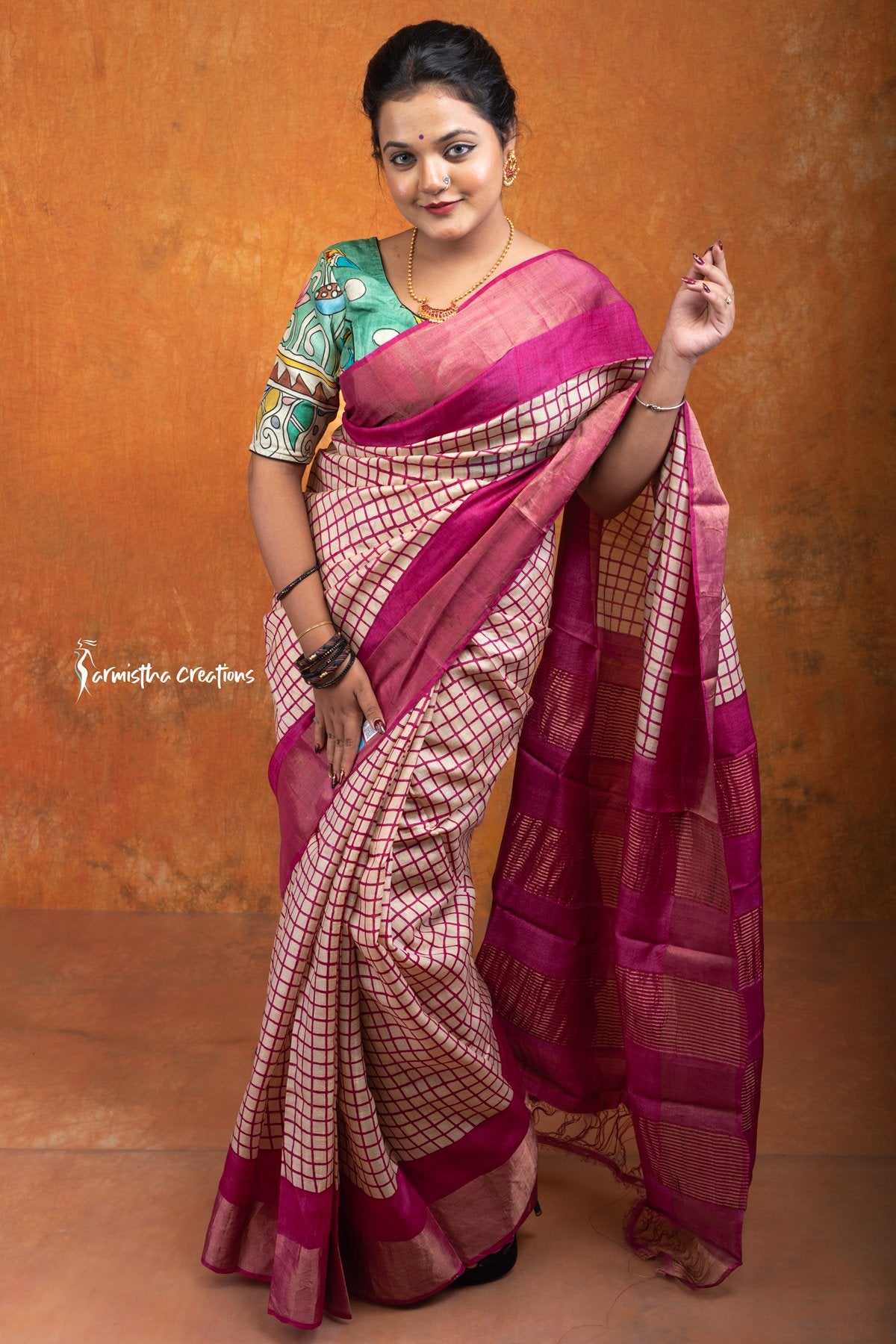 Zari Border Pure Tussar Silk Saree With Hand-Block Printing dtzbhbp-057 image 0