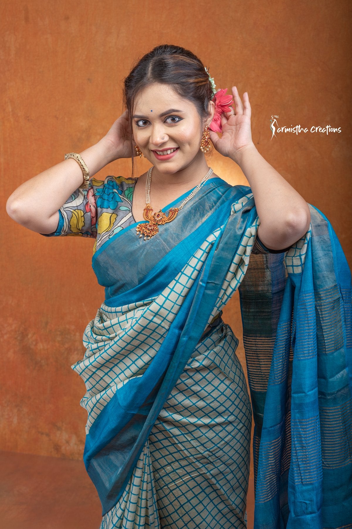 Zari Border Pure Tussar Silk Saree With Hand-Block Printing dtzbhbp-087 image 1