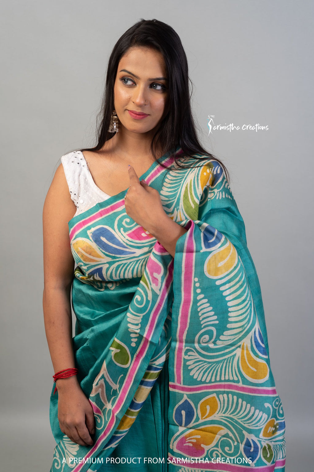 Bishnupuri Silk Saree With Hand Batik Work bssp-009 (Turquoise Blue) image 1