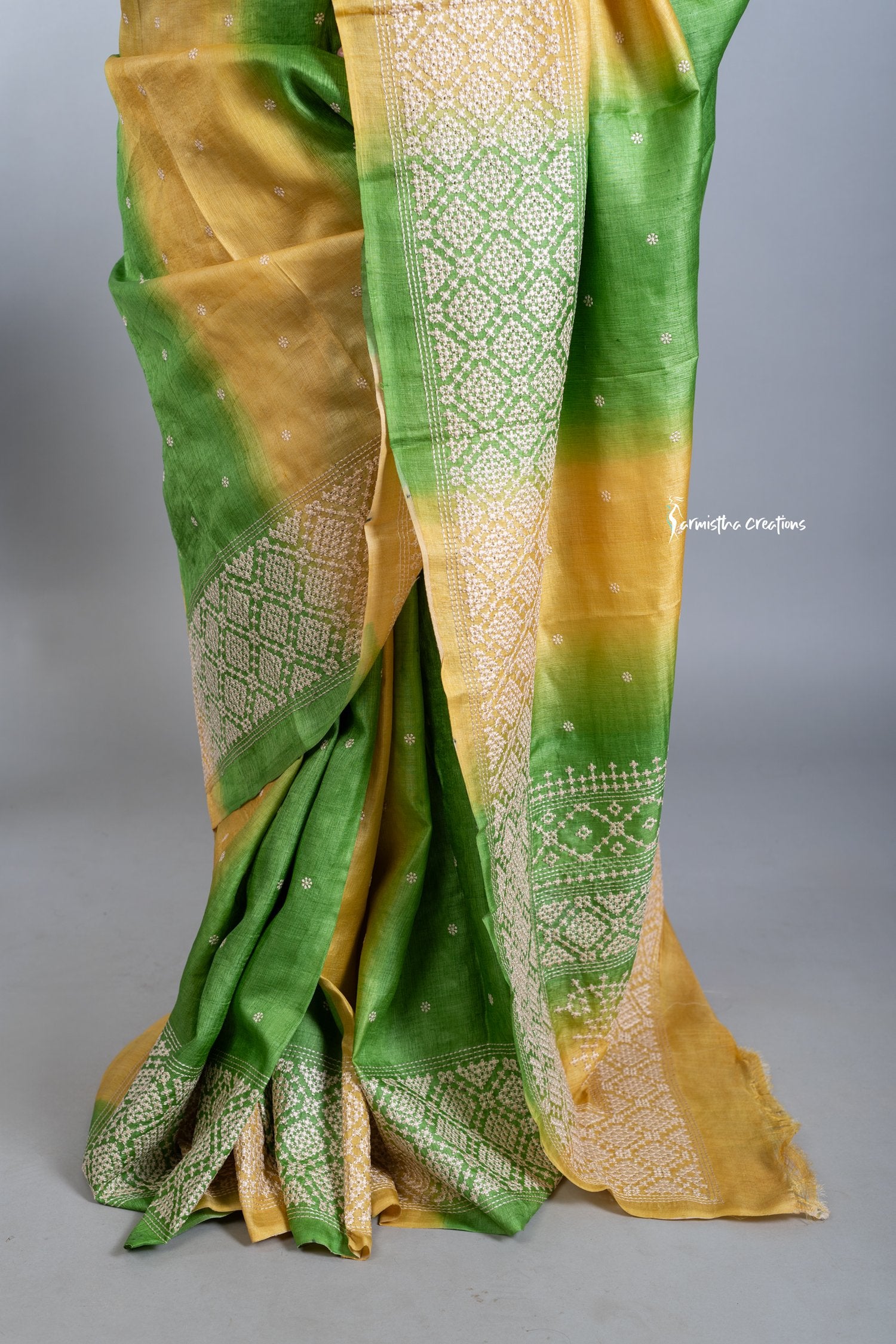 Green and Yellow Tussar Kutchwork Saree ptkw-002 image 5