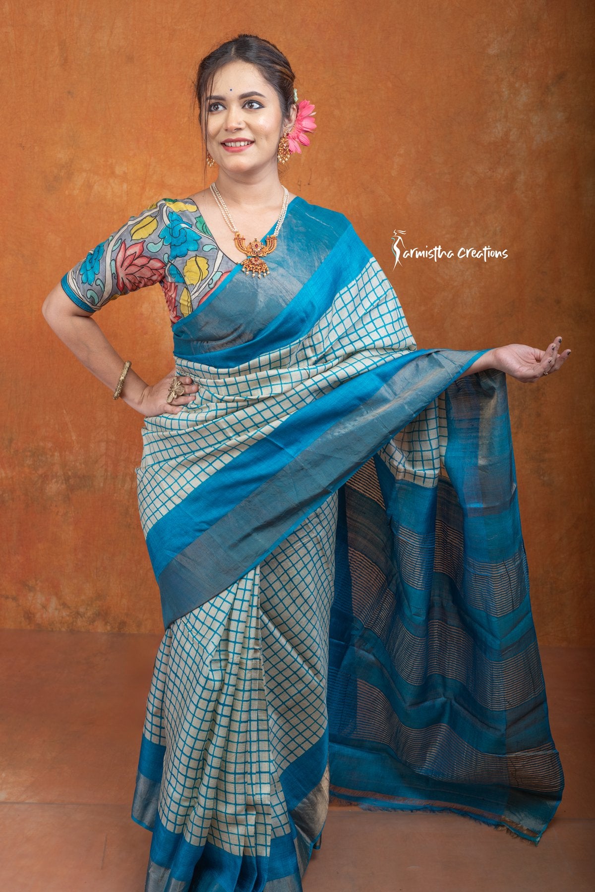 Zari Border Pure Tussar Silk Saree With Hand-Block Printing dtzbhbp-087 image 4