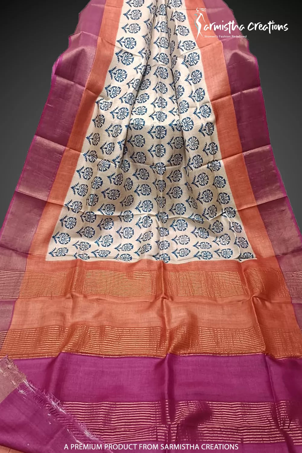 Zari Border Pure Desi Tassar Silk Saree With Hand-Block Printing dtzbhbp-039 image 0
