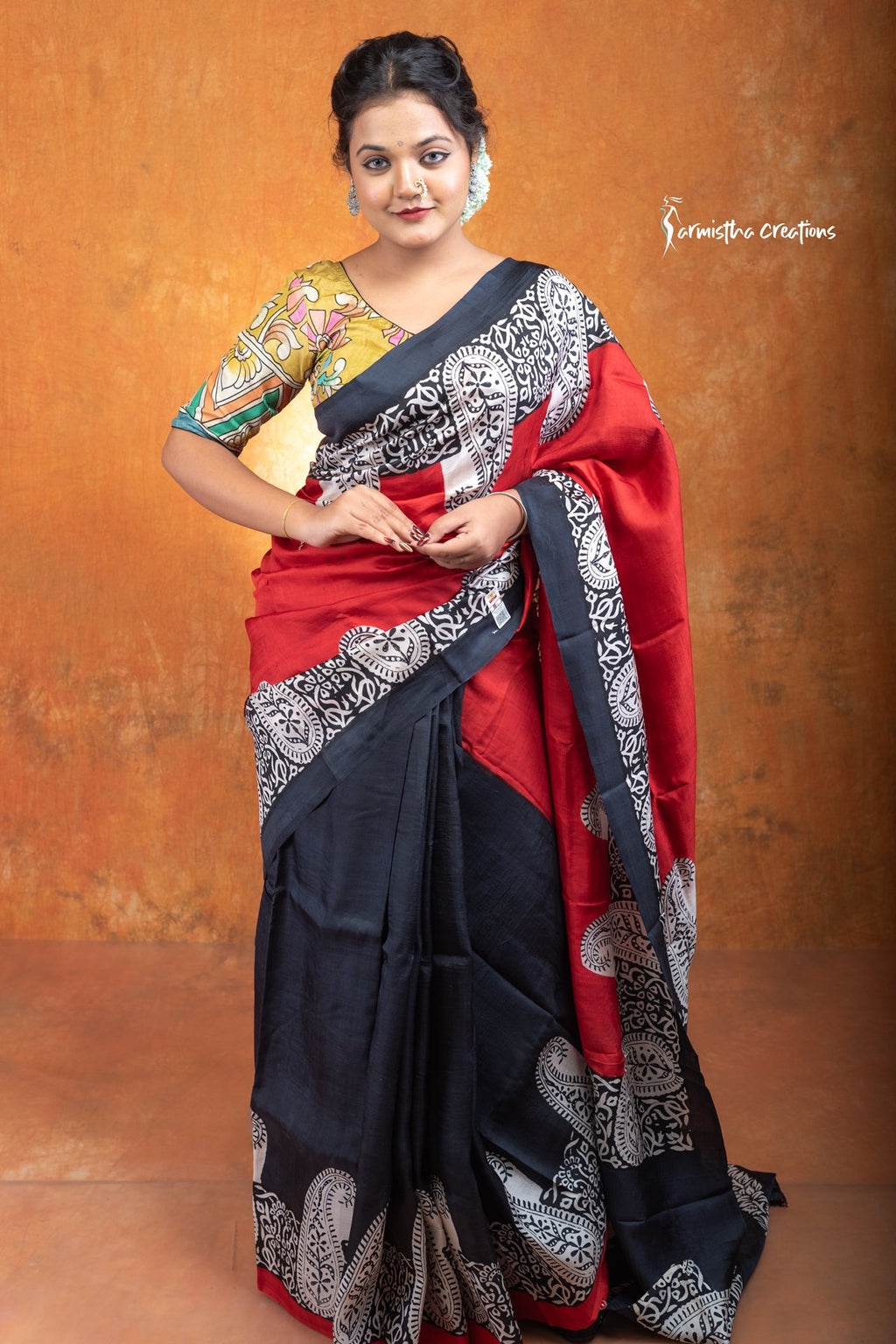 Murshidabad Silk Saree in Red With Hand Block Printed Motifs in Black hbpms-014 image 0