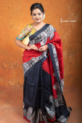 Murshidabad Silk Saree in Red With Hand Block Printed Motifs in Black hbpms-014 image 0