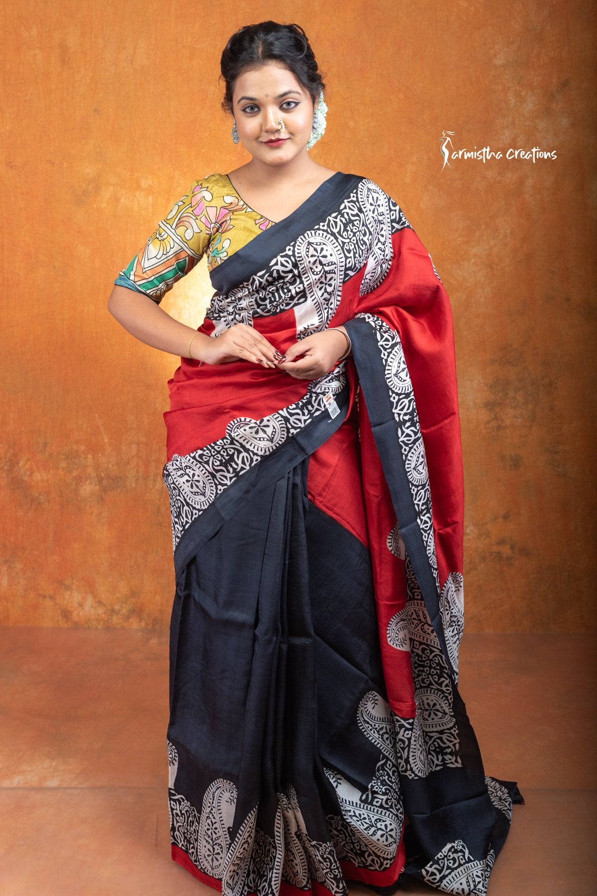 Murshidabad Silk Saree in Red With Hand Block Printed Motifs in Black hbpms-014 image 0