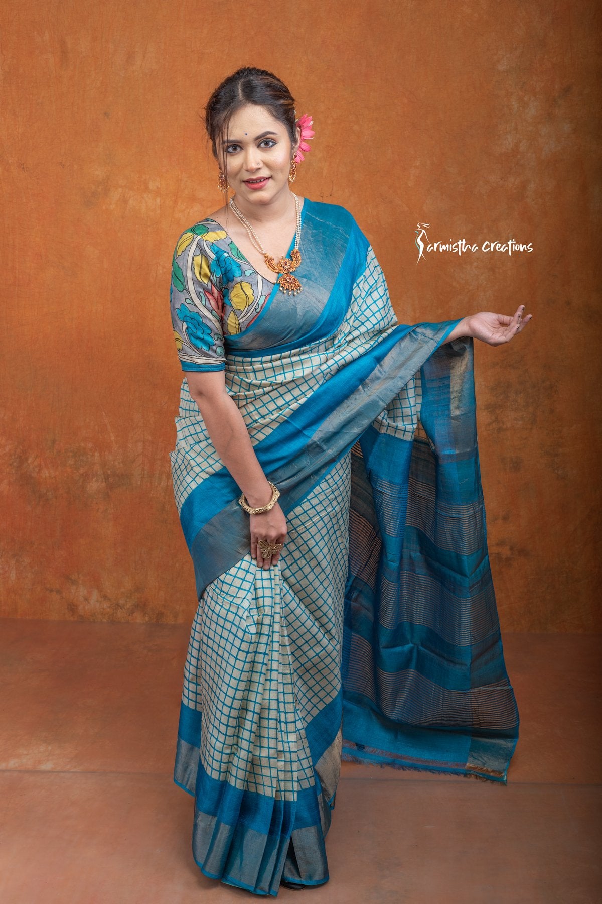Zari Border Pure Tussar Silk Saree With Hand-Block Printing dtzbhbp-087 image 3