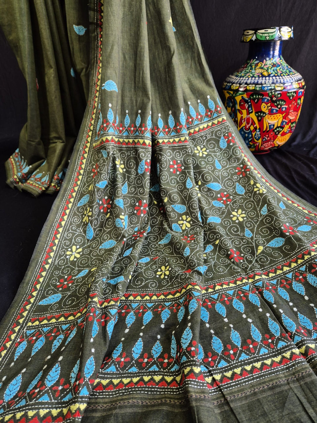 Kantha Stitch on Green Dhonekhali Cotton Saree image 1