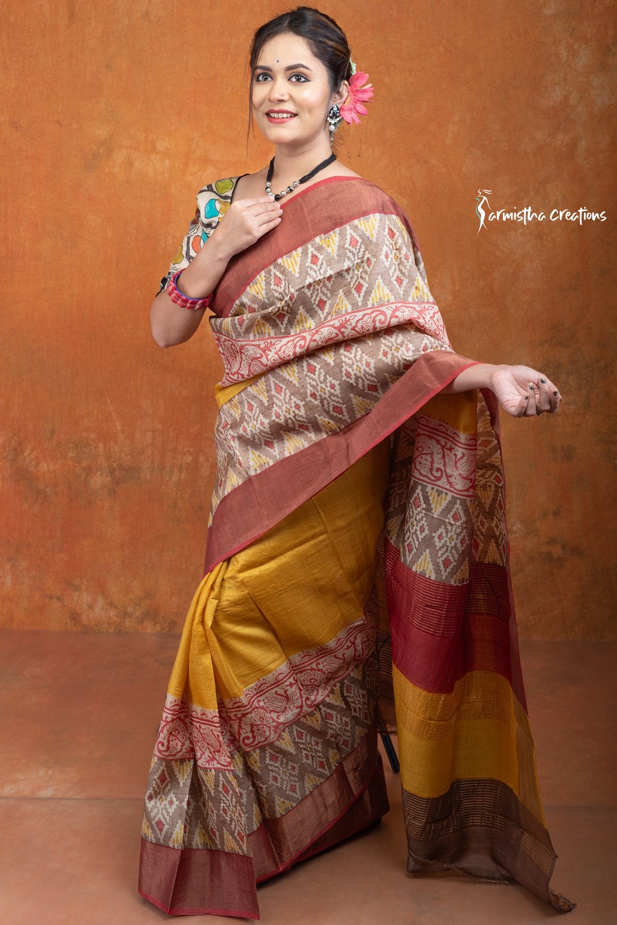 Zari Border Pure Tussar Saree With Hand-Block Printing dtzbhbp-117 image 1