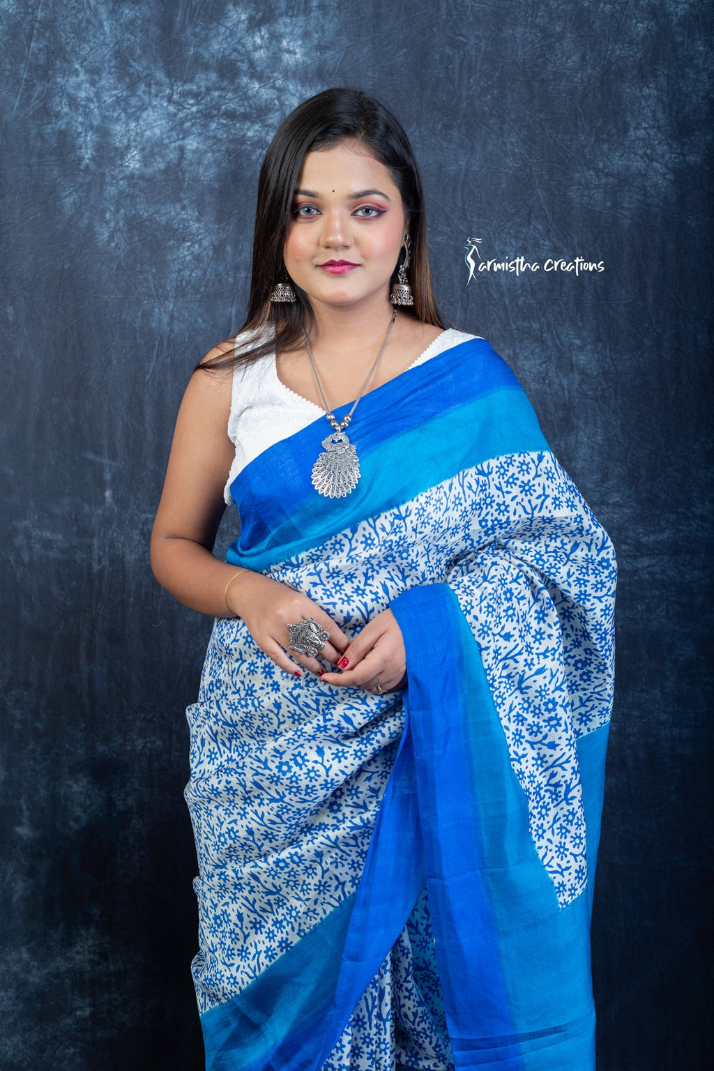Azure Bloom &amp; Midnight Tide - Hand-block Printed Murshidabad Silk Saree | hbpms-029 image 2