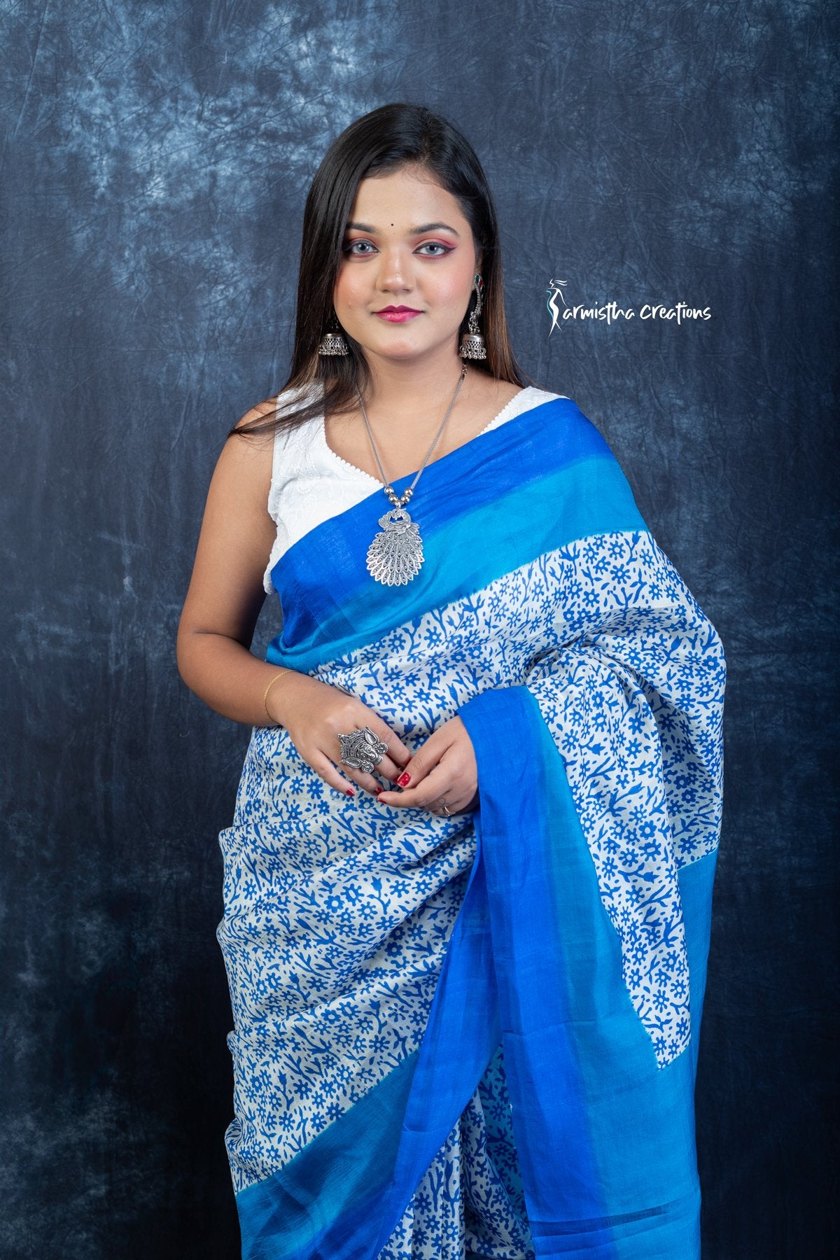 Azure Bloom &amp; Midnight Tide - Hand-block Printed Murshidabad Silk Saree | hbpms-029 image 2